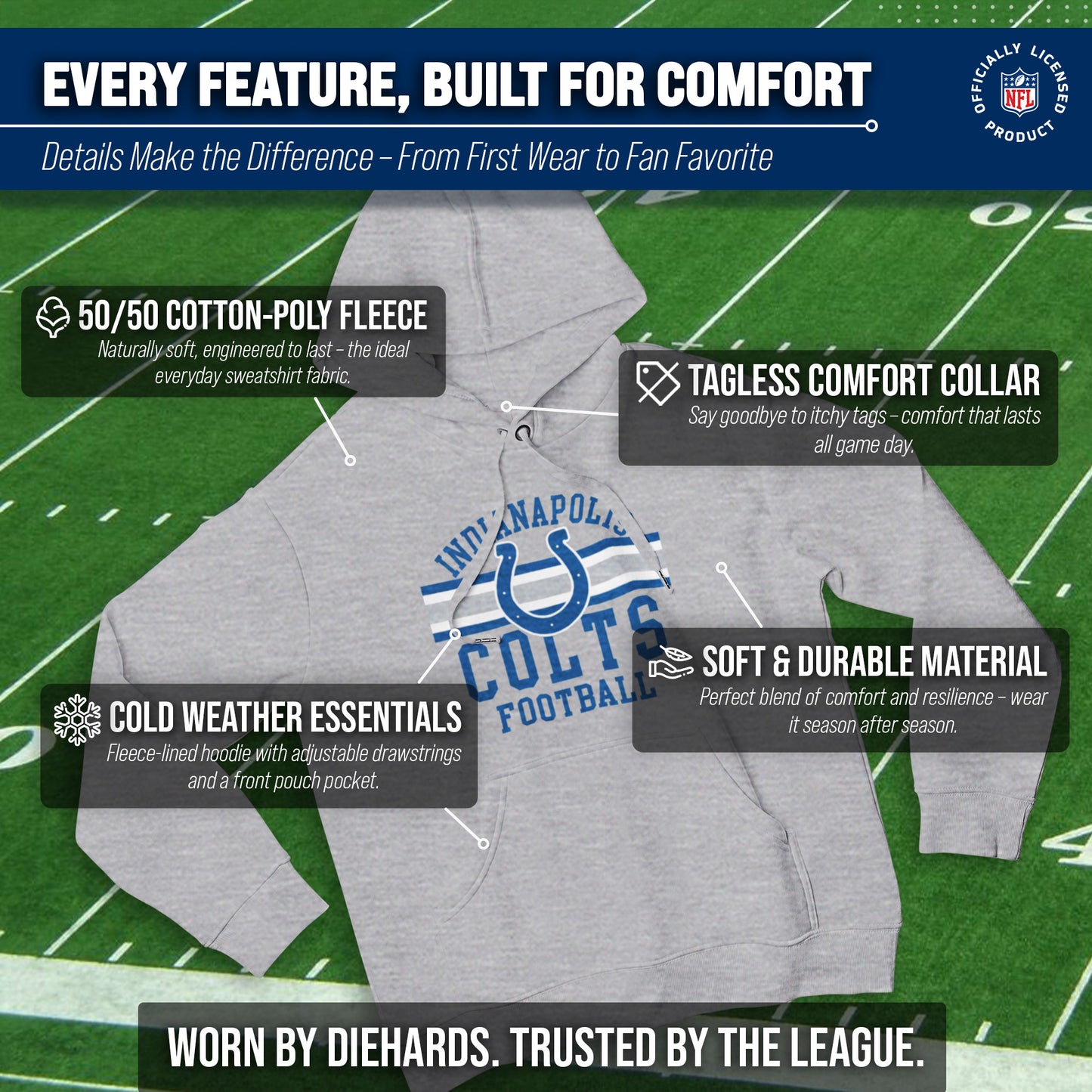 Indianapolis Colts NFL Team Stripe Hooded Sweatshirt- Soft Pullover Sports Hoodie For Men & Women - Sport Gray