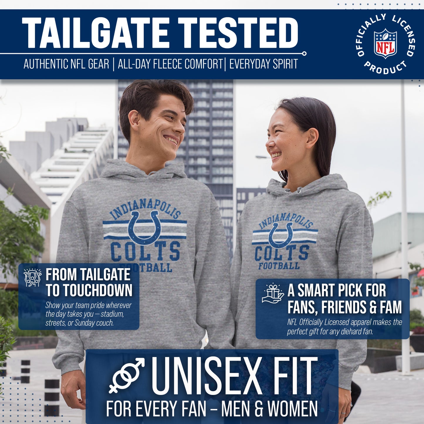 Indianapolis Colts NFL Team Stripe Hooded Sweatshirt- Soft Pullover Sports Hoodie For Men & Women - Sport Gray
