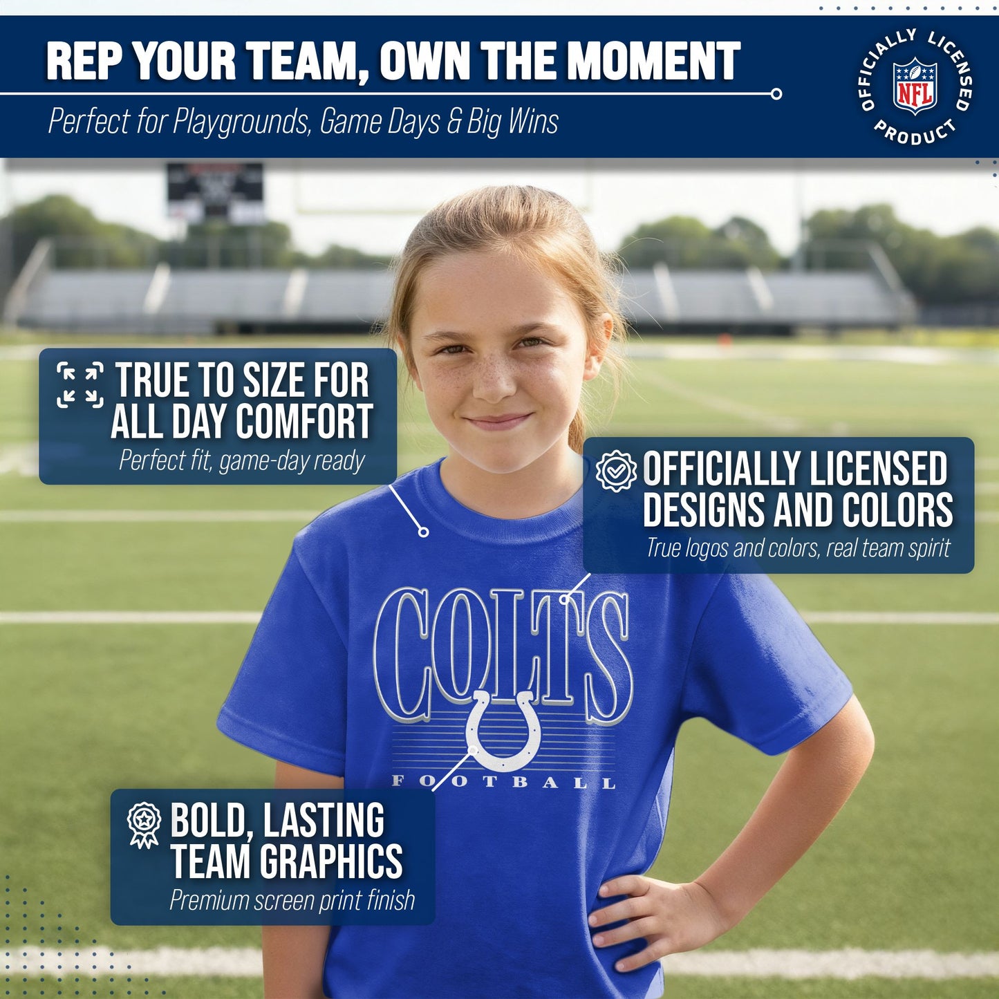 Indianapolis Colts NFL Youth Overtime Blueprint Football T-Shirt Unisex Tag Free Comfortable - Royal