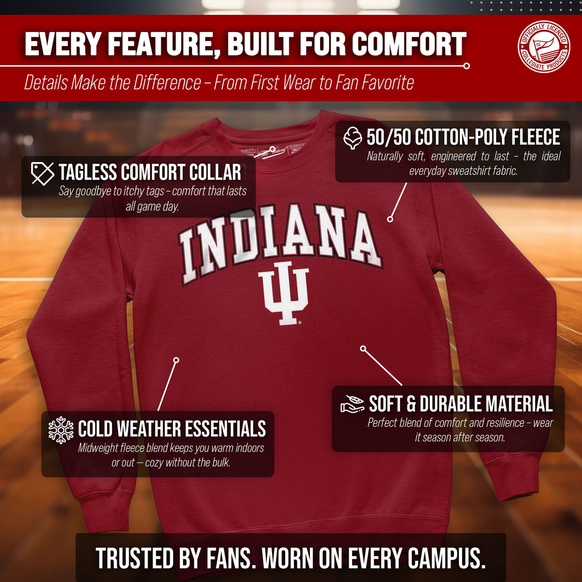 Indiana Hoosiers Campus Colors Adult Arch & Logo Soft Style Gameday Crewneck Sweatshirt  - Cardinal