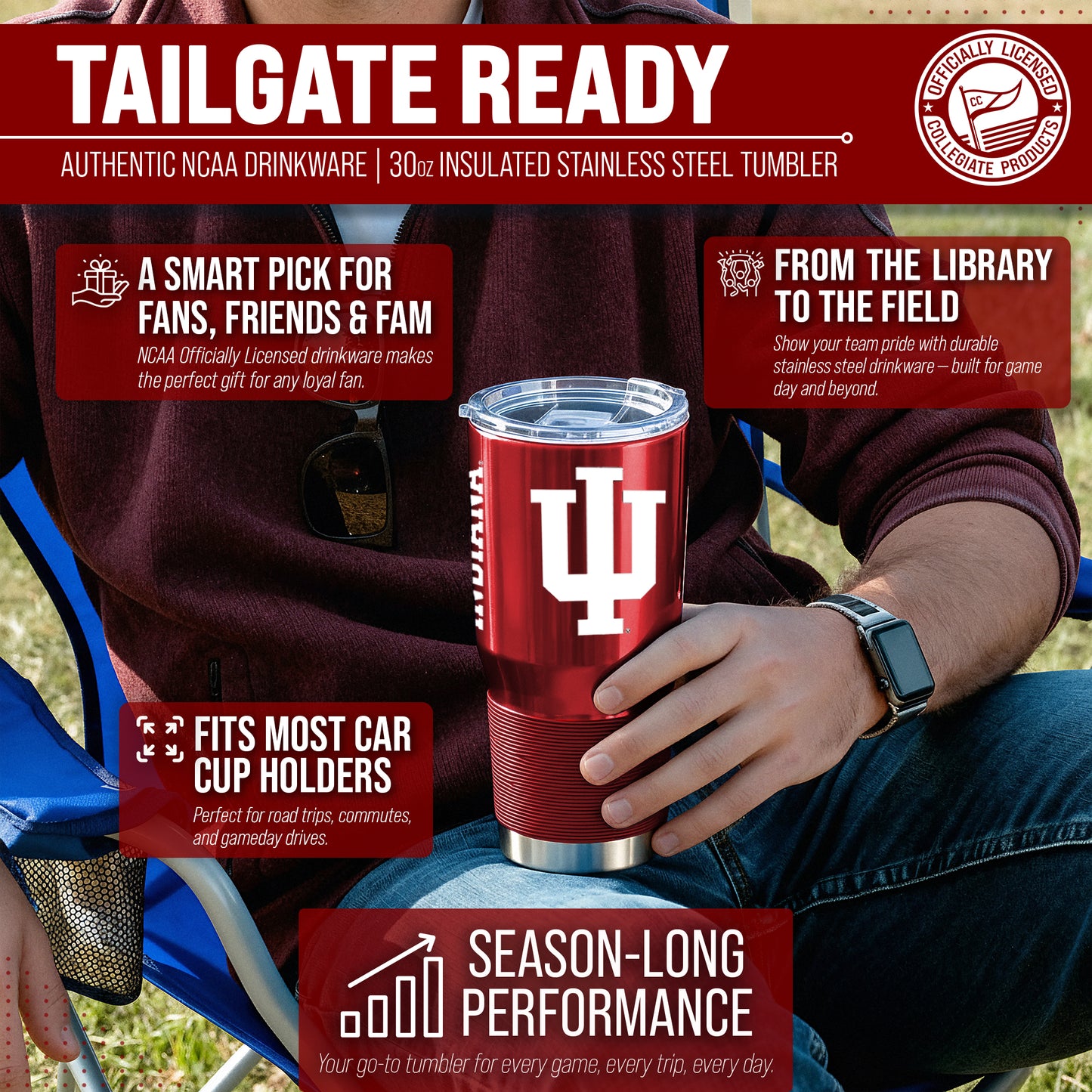 Indiana Hoosiers NCAA University 30oz Stainless Steel Vacuum Insulated Game Day Tumbler with Silicone Grip - Cardinal