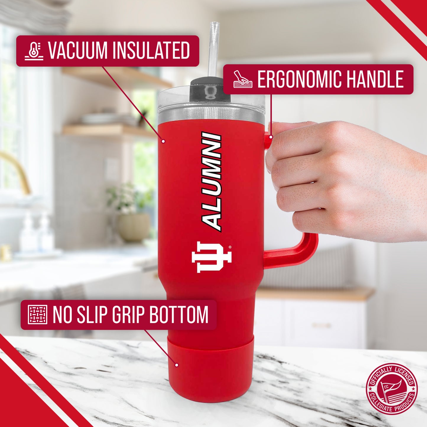 Indiana Hoosiers Collegiate 40oz Stainless Steel Travel Tumbler with Handle for Alumni - Crimson