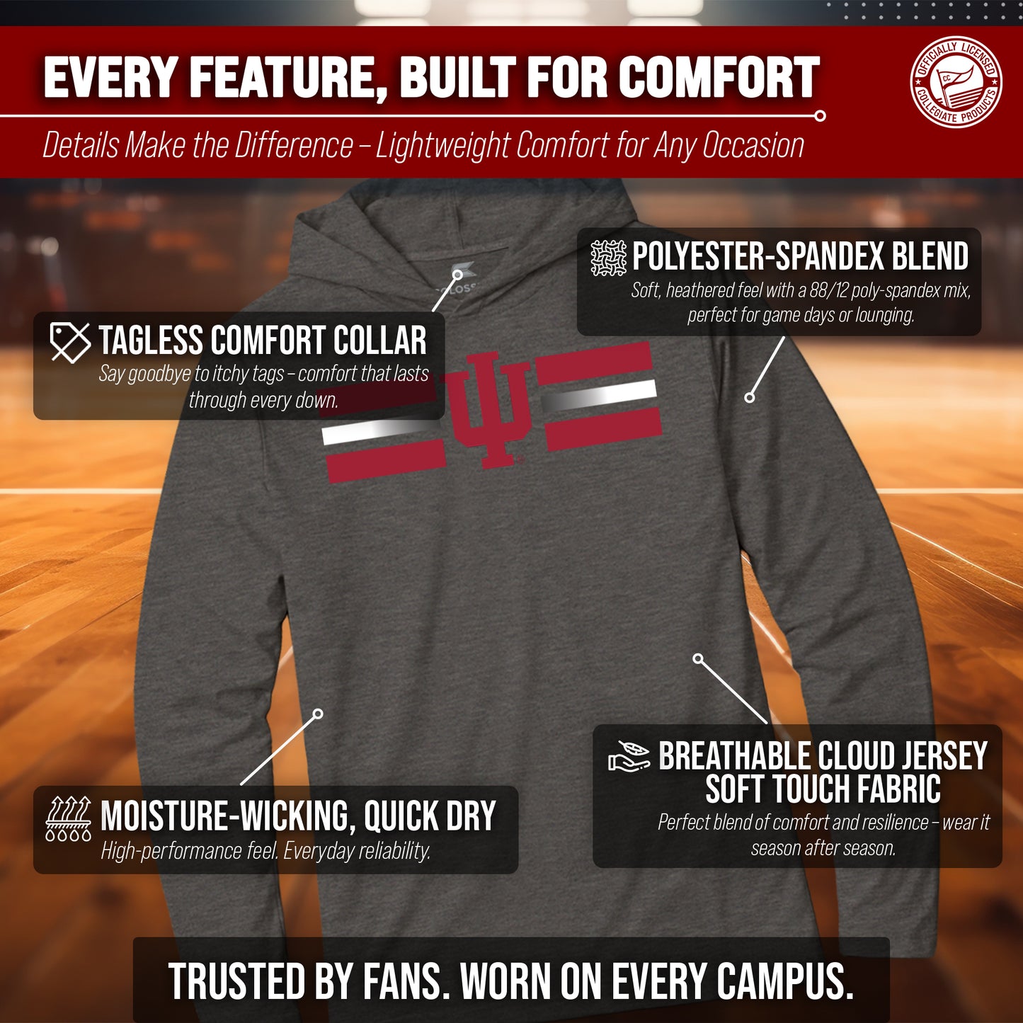 Indiana Hoosiers NCAA Unisex Scholarship Cloud Jersey Performance Hooded Long Sleeve Tee - Black Heather