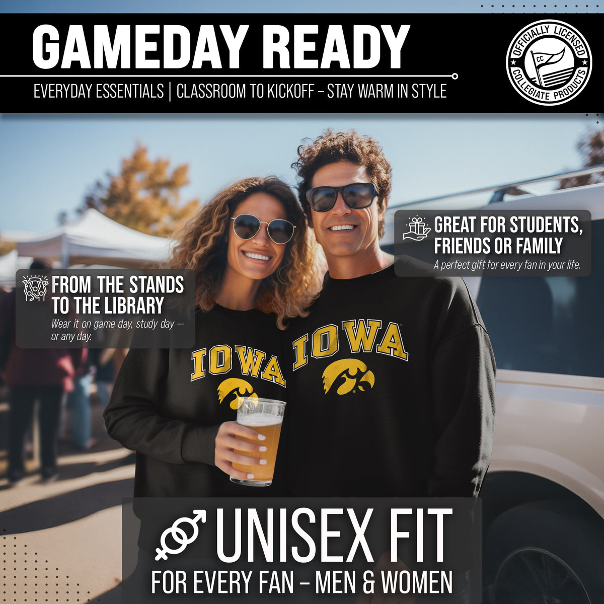 Iowa Hawkeyes Adult Arch & Logo Soft Style Gameday Crewneck Sweatshirt - Black