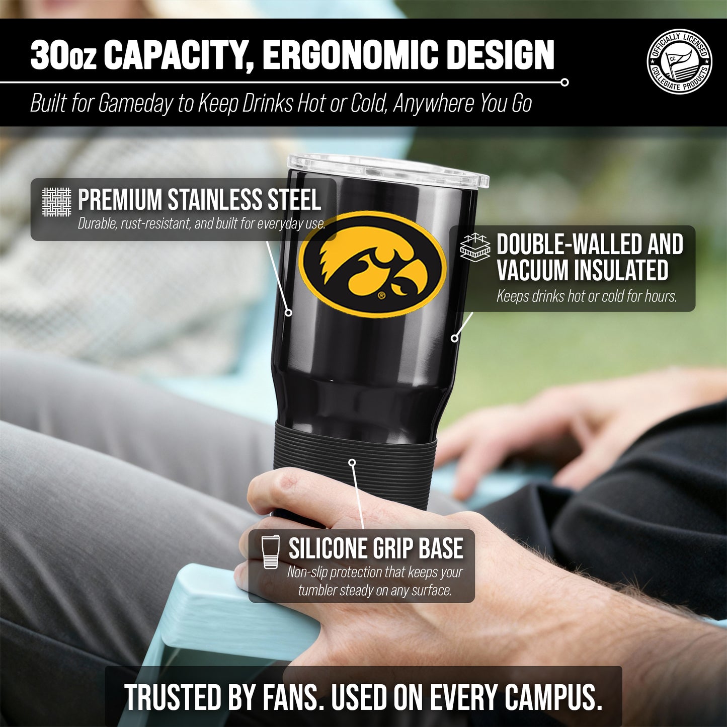 Iowa Hawkeyes NCAA University 30oz Stainless Steel Vacuum Insulated Game Day Tumbler with Silicone Grip - Black