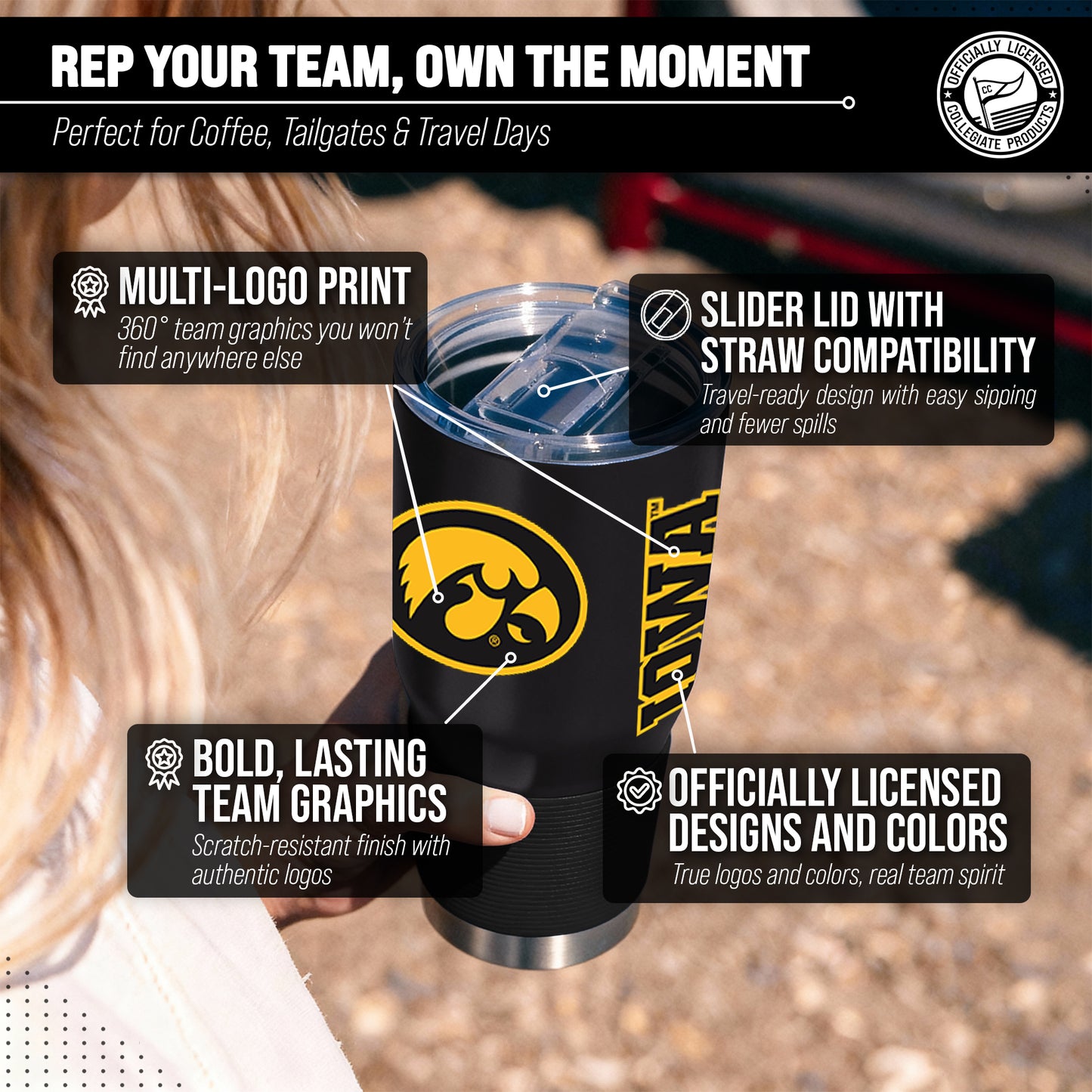 Iowa Hawkeyes NCAA University 30oz Stainless Steel Vacuum Insulated Game Day Tumbler with Silicone Grip - Black