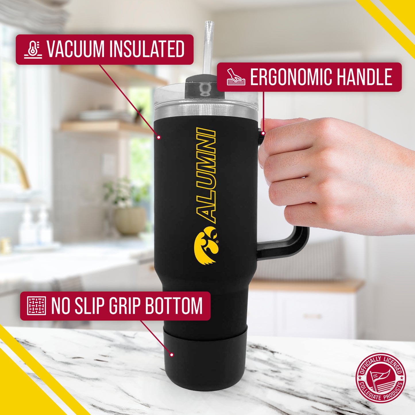 Iowa Hawkeyes Collegiate 40oz Stainless Steel Travel Tumbler with Handle for Alumni - Black
