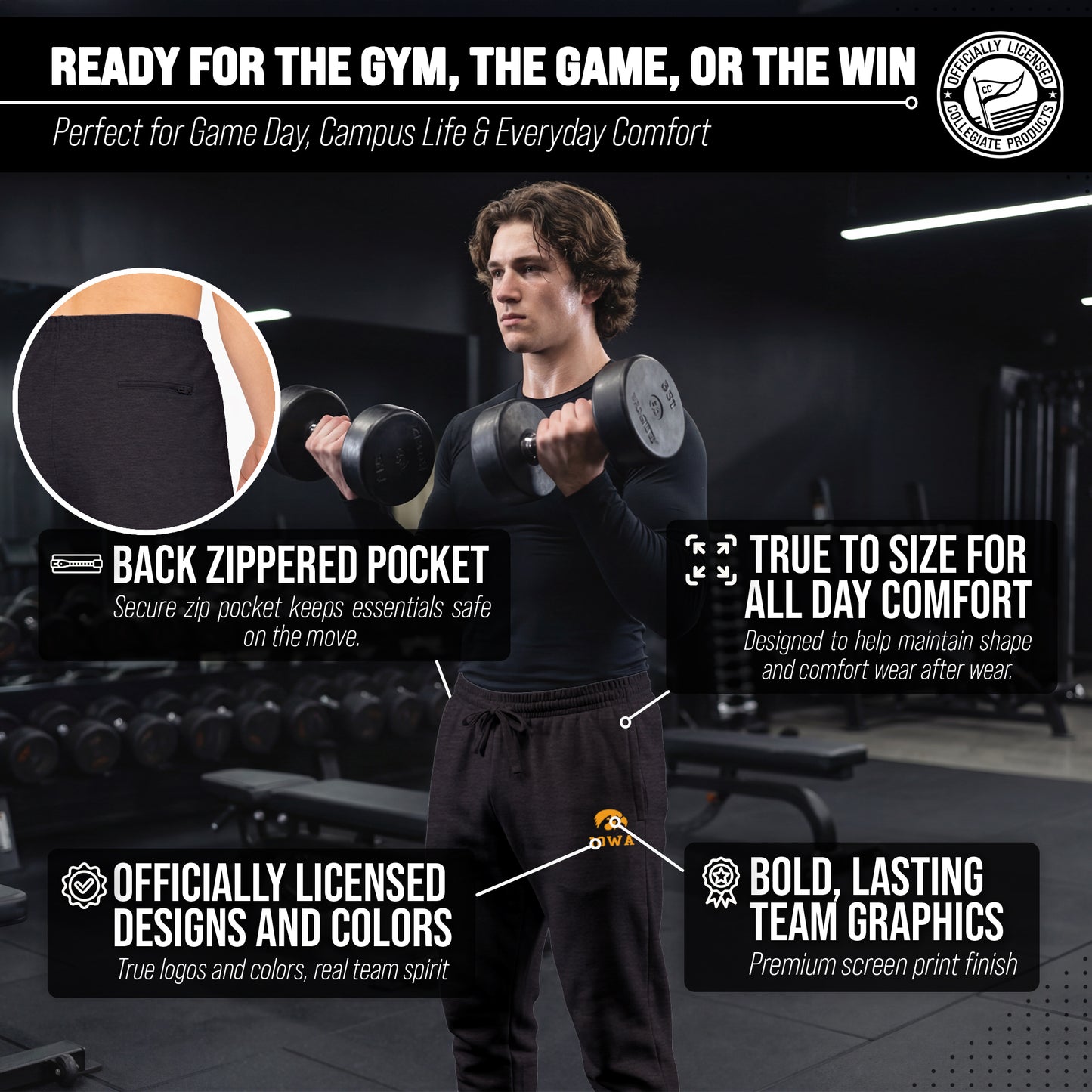 Iowa Hawkeyes NCAA Men’s University Cloud Jersey Performance Jogger Pants with Drawstring Waistband - Black Heather