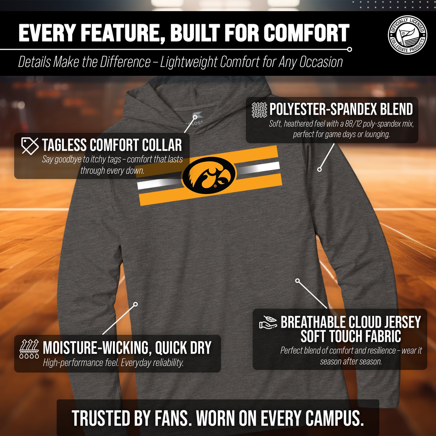 Iowa Hawkeyes NCAA Unisex Scholarship Cloud Jersey Performance Hooded Long Sleeve Tee - Black Heather
