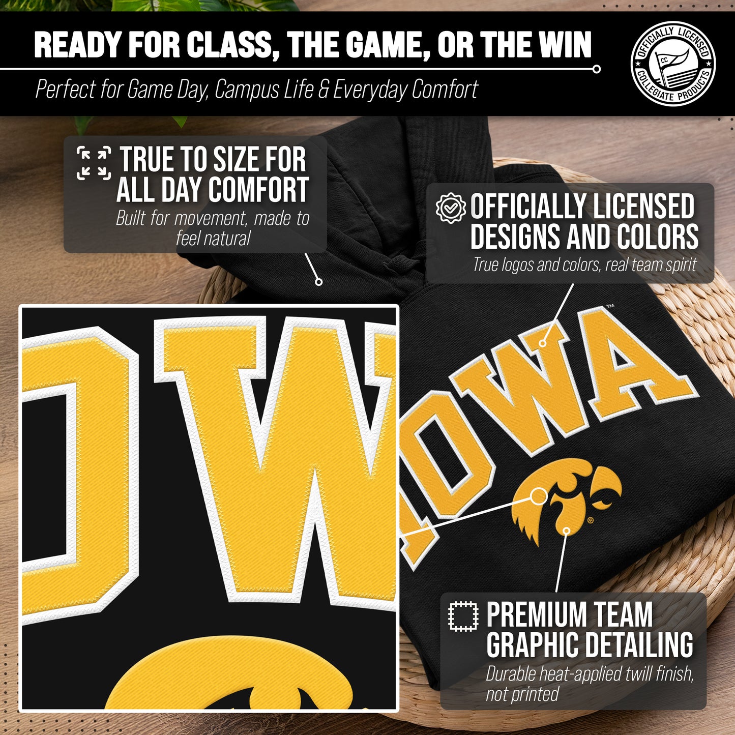 Iowa Hawkeyes NCAA Adult Tackle Twill Hooded Sweatshirt - Black
