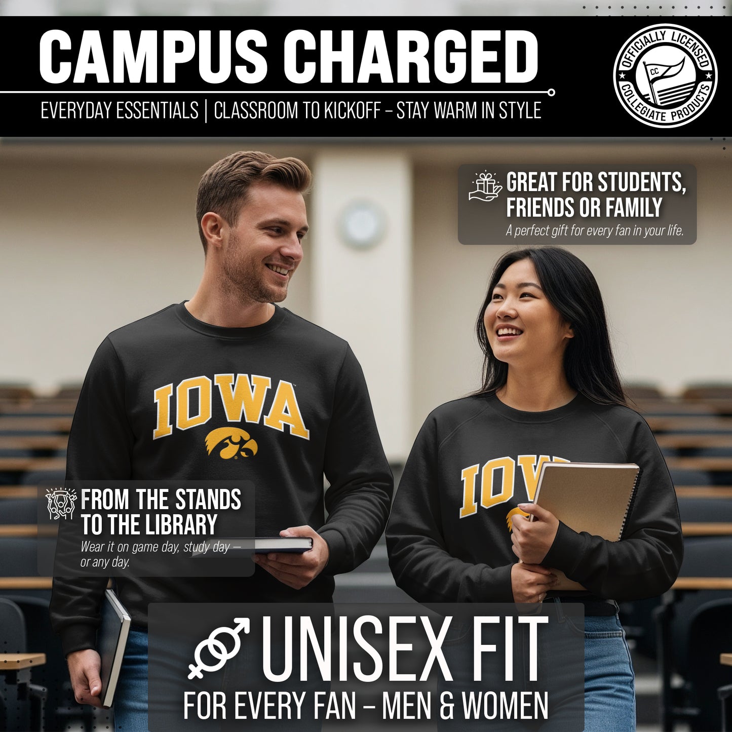 Iowa Hawkeyes Adult Tackle Twill Crewneck - Black