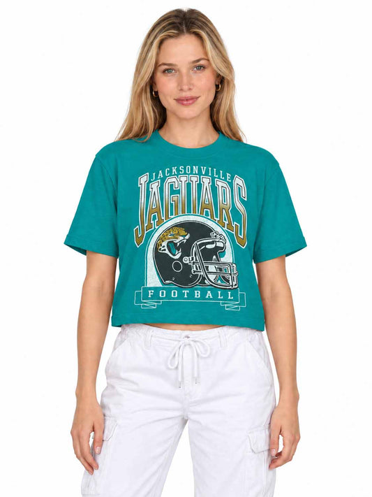 Jacksonville Jaguars  Women's Franchise Helmet Crop T-Shirt Mock Neck - Teal