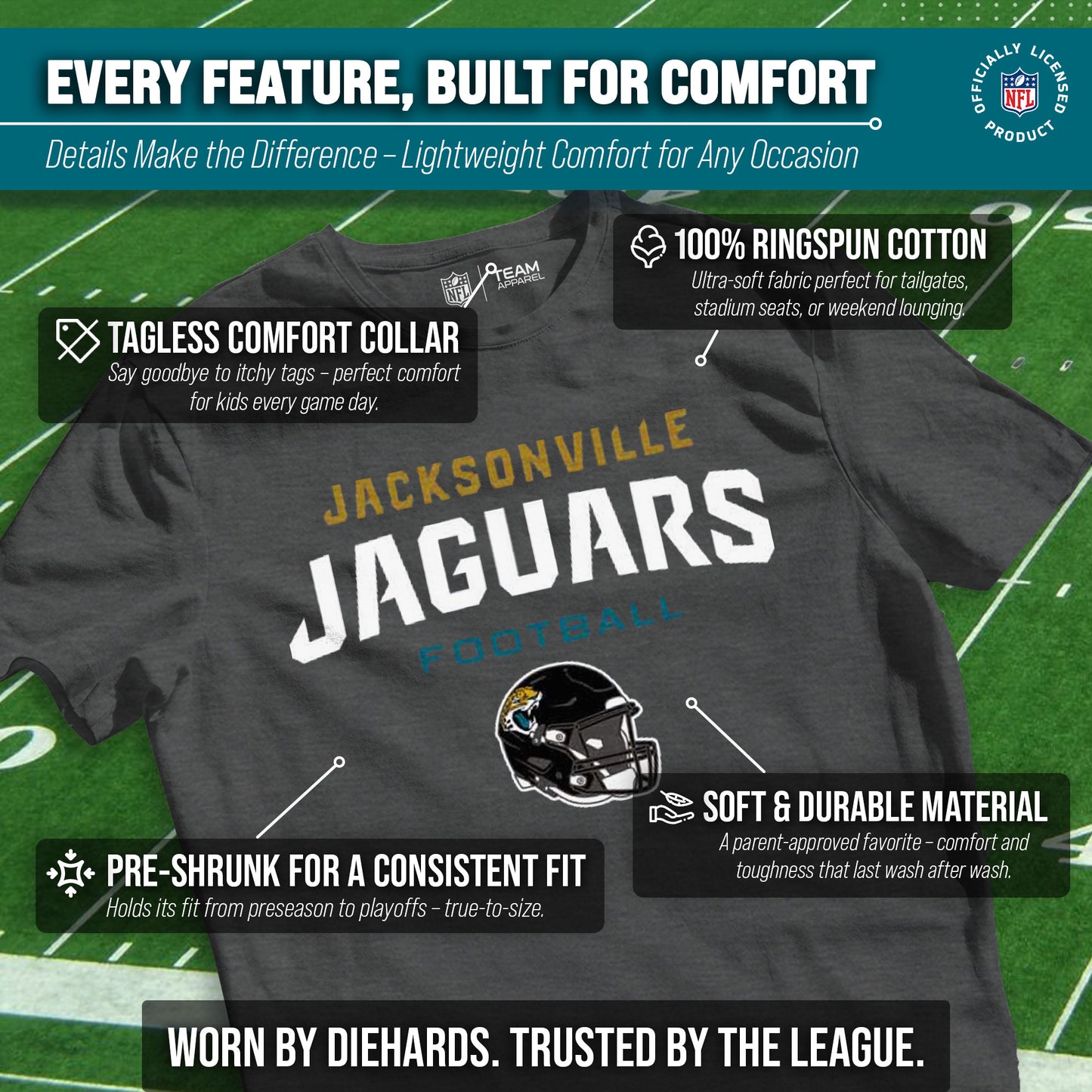Jacksonville Jaguars NFL Youth Football Helmet Tagless T-Shirt - Charcoal