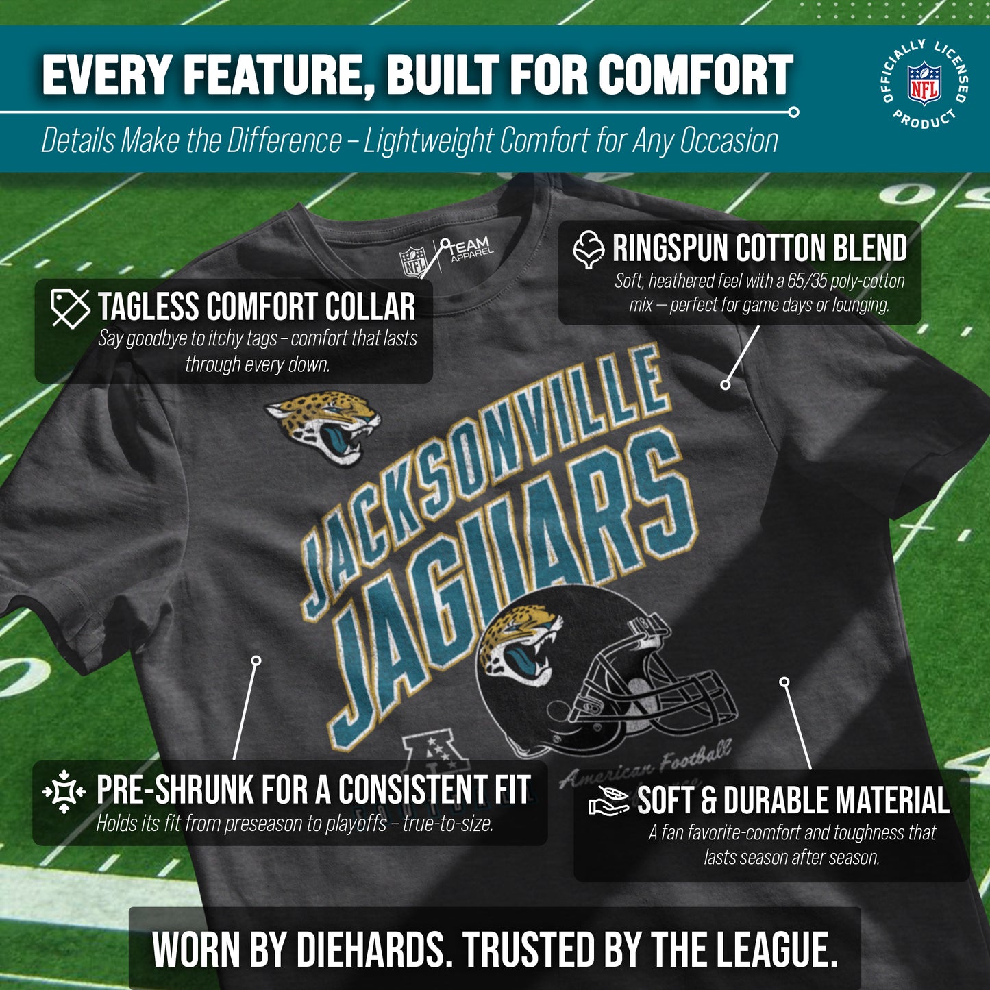 Jacksonville Jaguars NFL Adult Distressed Helmet Tag-Less T-Shirt - Heather Charcoal
