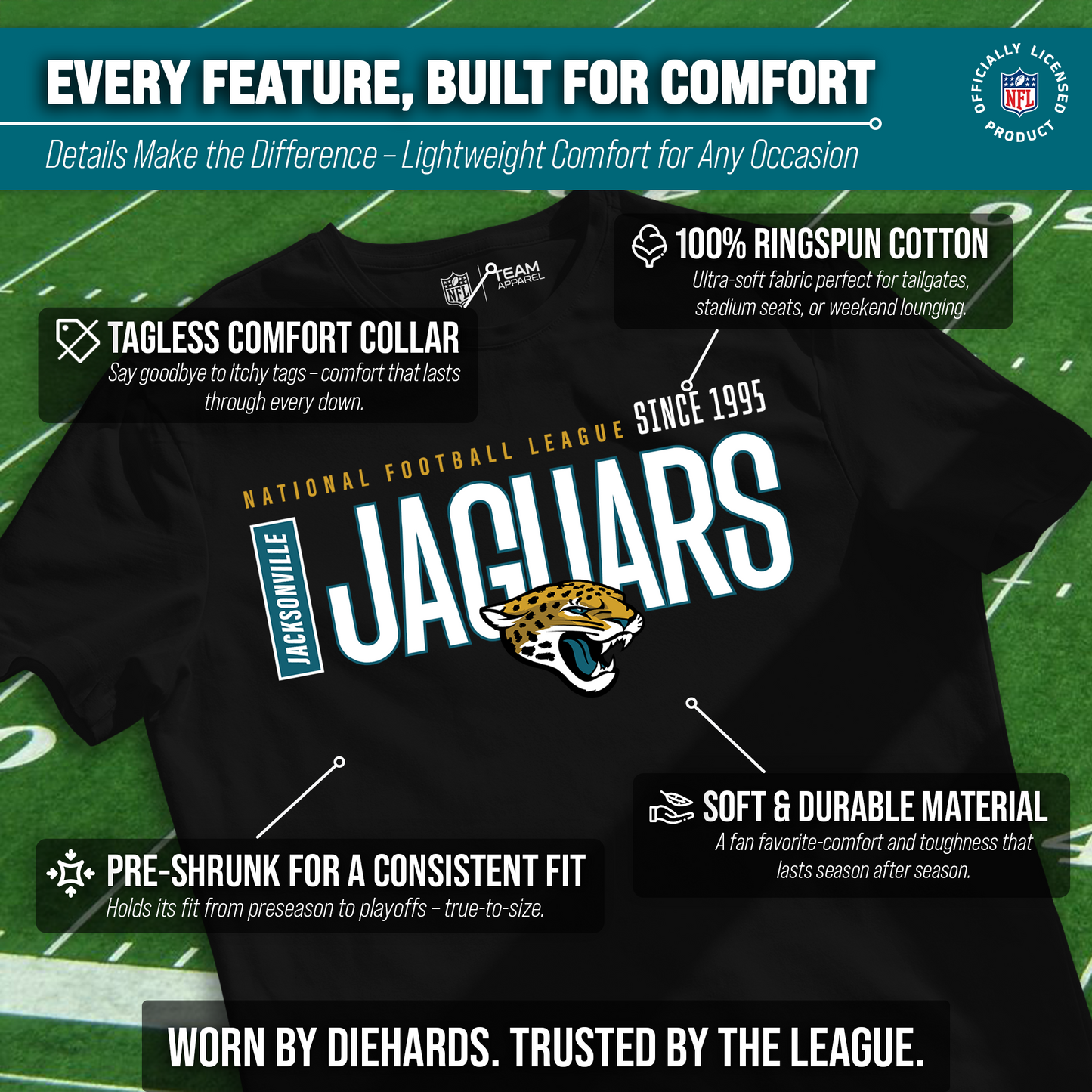 Jacksonville Jaguars NFL Adult Modern Endzone Tag-Less T-Shirt - Black