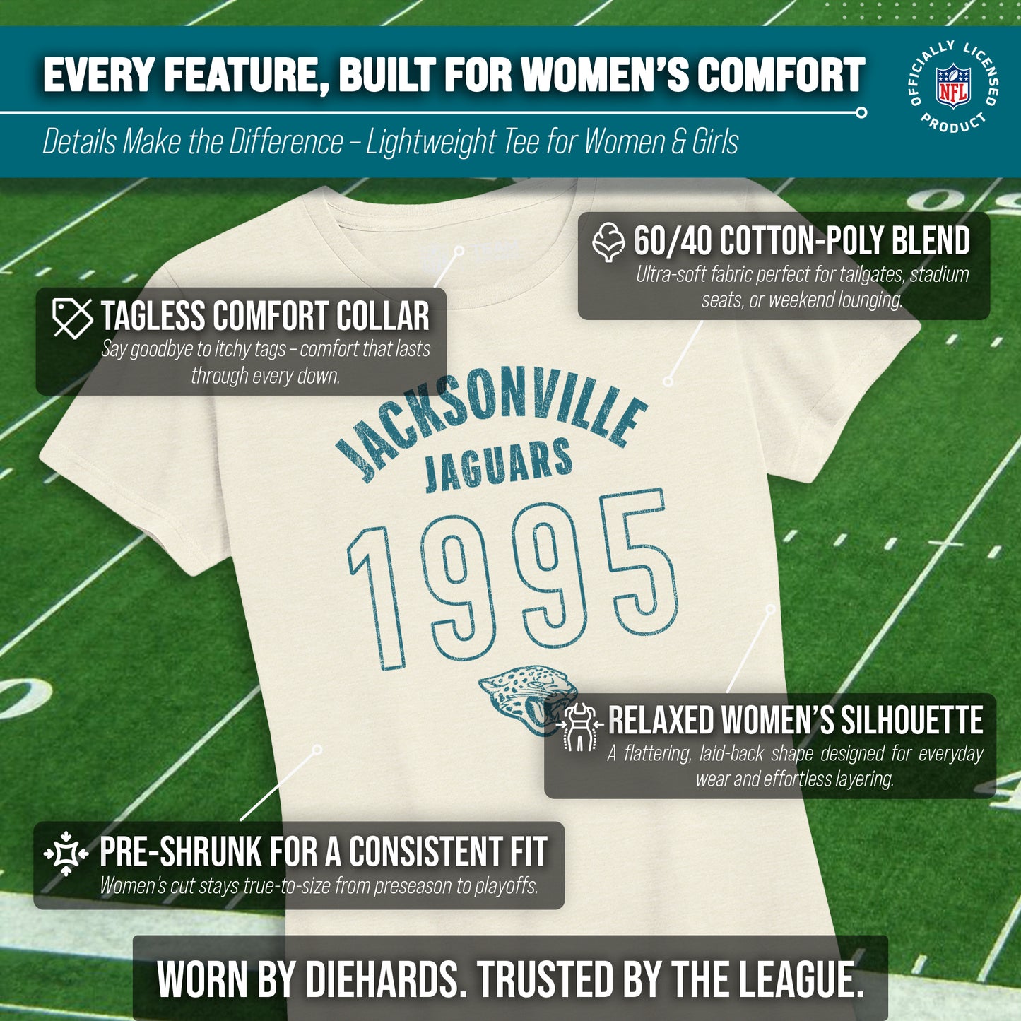 Jacksonville Jaguars NFL Womens Big Date Tag-Less T-Shirt - Natural