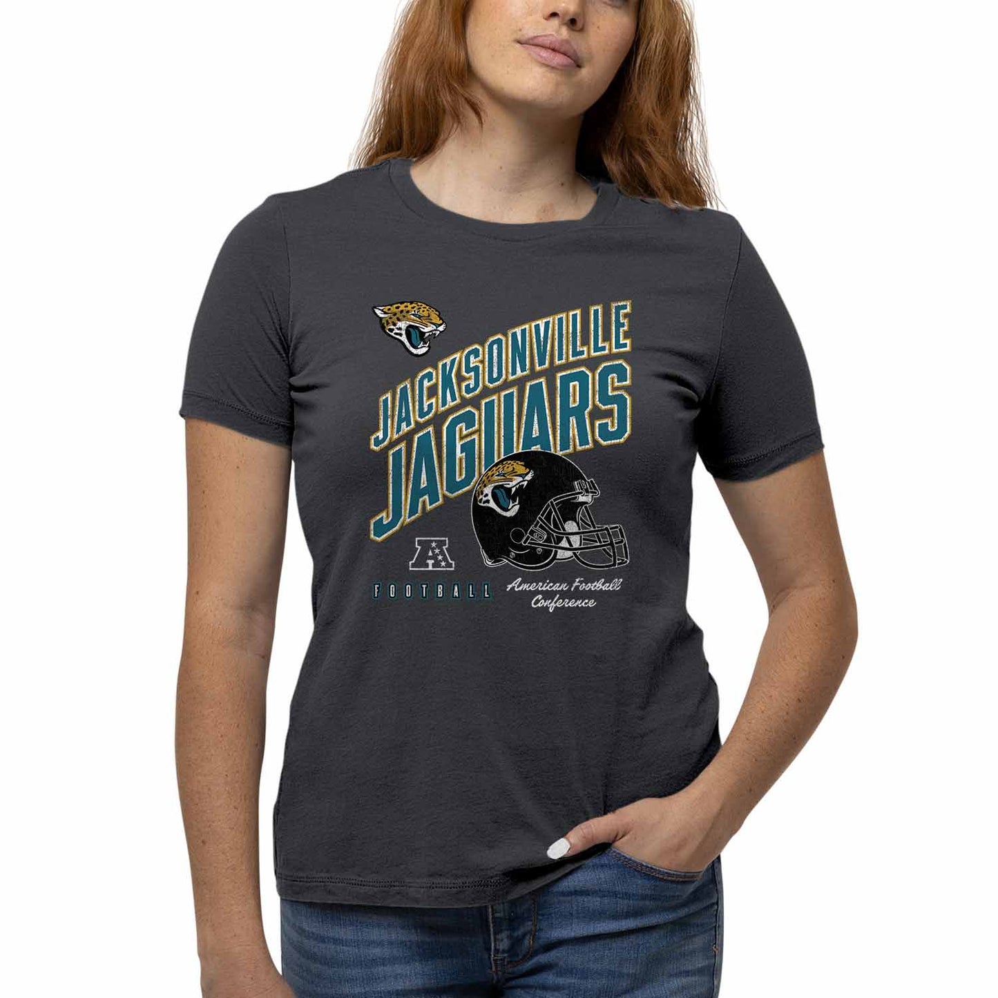 Jacksonville Jaguars NFL Womens Distressed Helmet Tag-Less Soft T-Shirt - Heather Charcoal