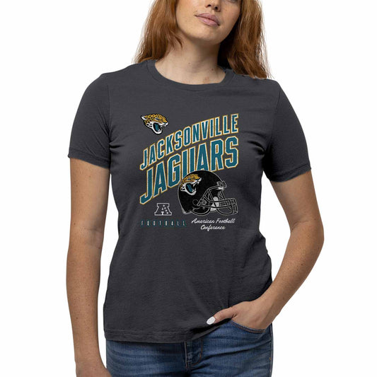Jacksonville Jaguars NFL Womens Distressed Helmet Tag-Less Soft T-Shirt - Heather Charcoal