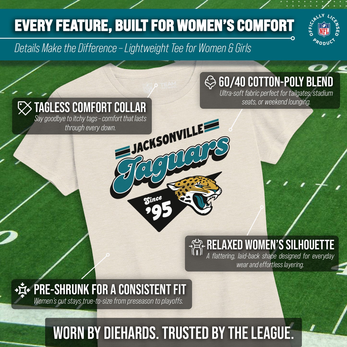 Jacksonville Jaguars NFL Womens Vintage Charm Tag-Less Soft T-Shirt - Birch