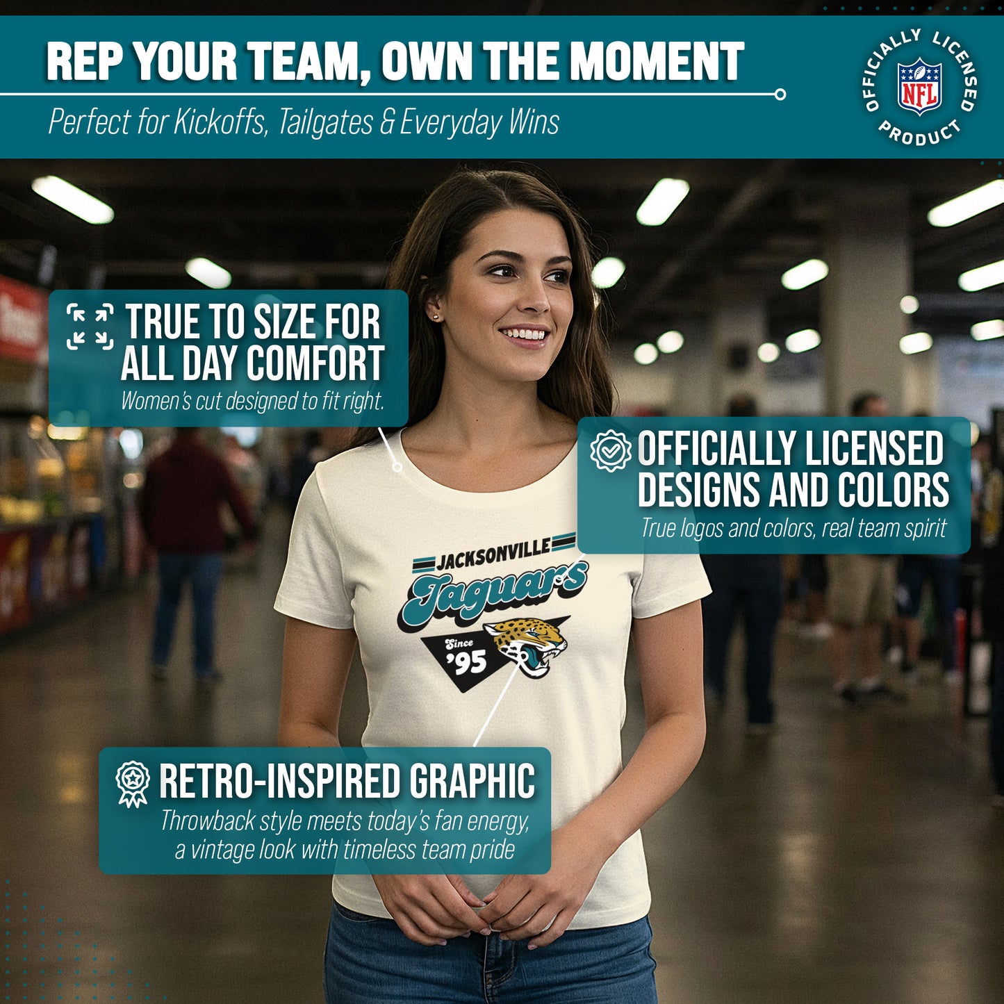 Jacksonville Jaguars NFL Womens Vintage Charm Tag-Less Soft T-Shirt - Birch