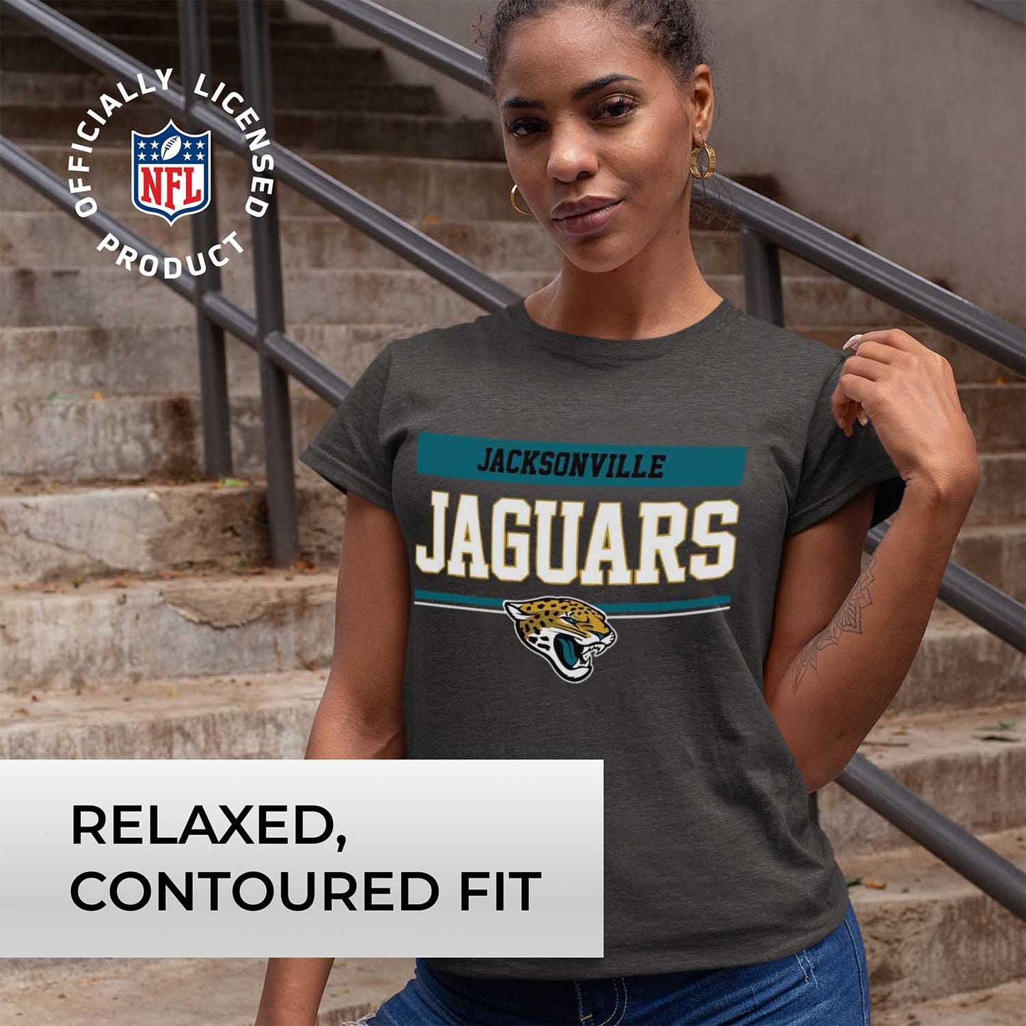 Jacksonville Jaguars NFL Women's Team Block Plus Sized Relaxed Fit T-Shirt - Charcoal