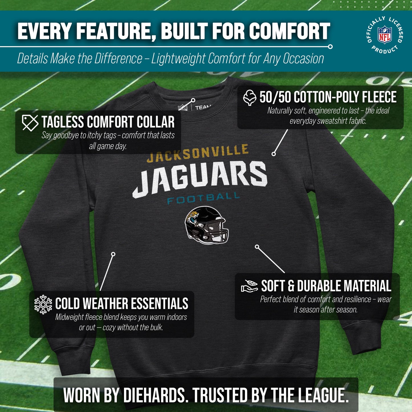 Jacksonville Jaguars Adult NFL Football Helmet Heather Crewneck Sweatshirt - Charcoal