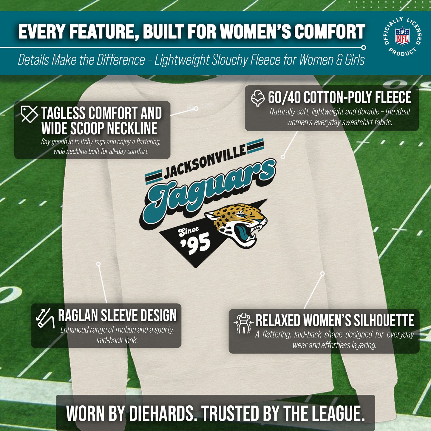 Jacksonville Jaguars NFL Womens Vintage Charm French Terry Slouchy Top - Birch