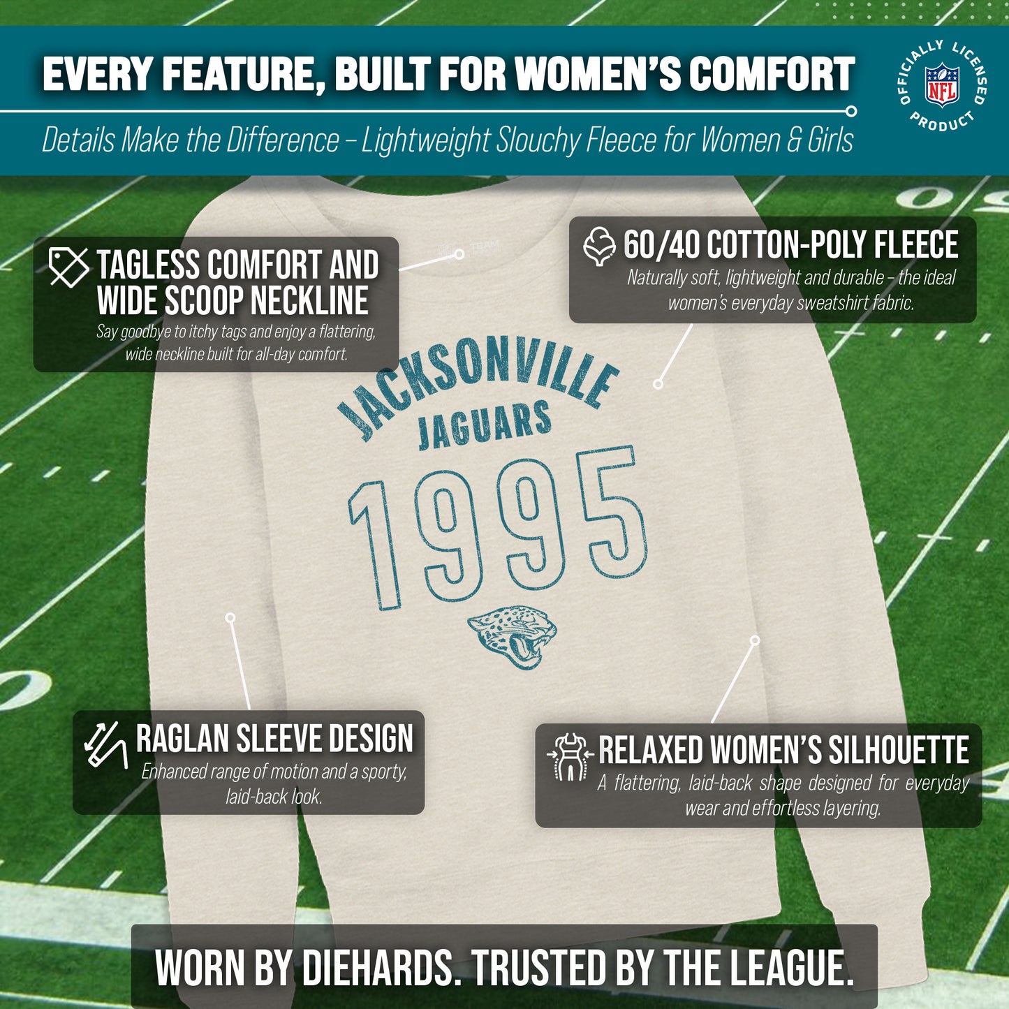 Jacksonville Jaguars NFL Womens Big Date French Terry Slouchy Top - Natural
