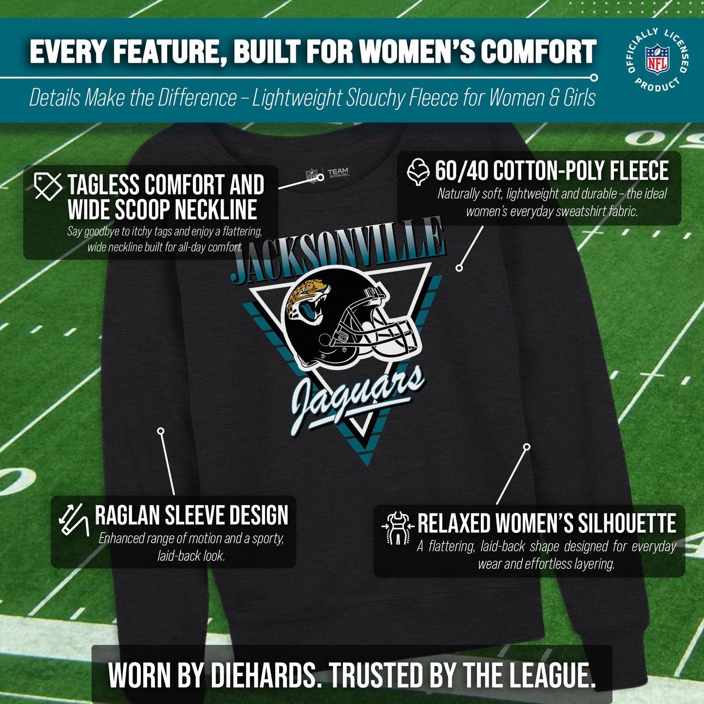 Jacksonville Jaguars NFL Womens Retro Triangle French Terry Slouchy Top- Raglan Sleeves - Heather Charcoal