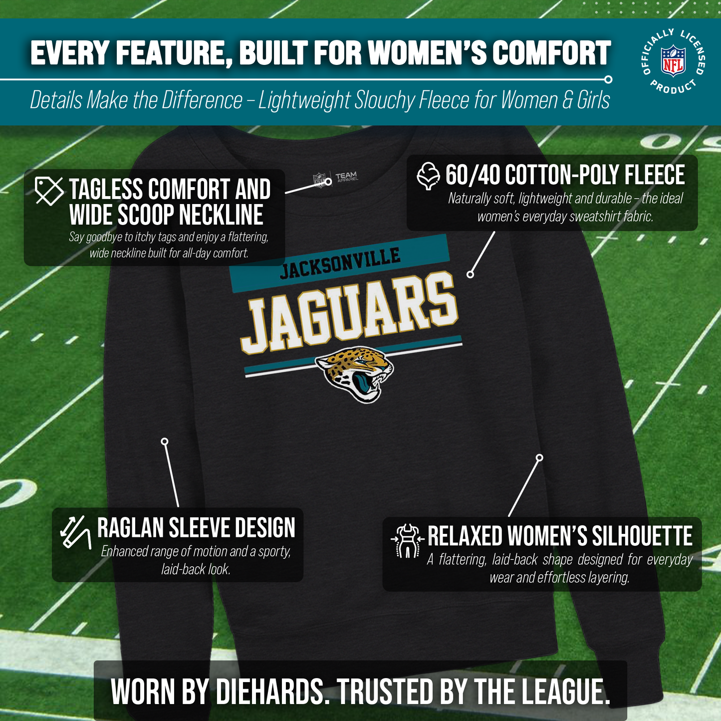 Jacksonville Jaguars NFL Womens Team Block French Terry Slouchy Top - Charcoal