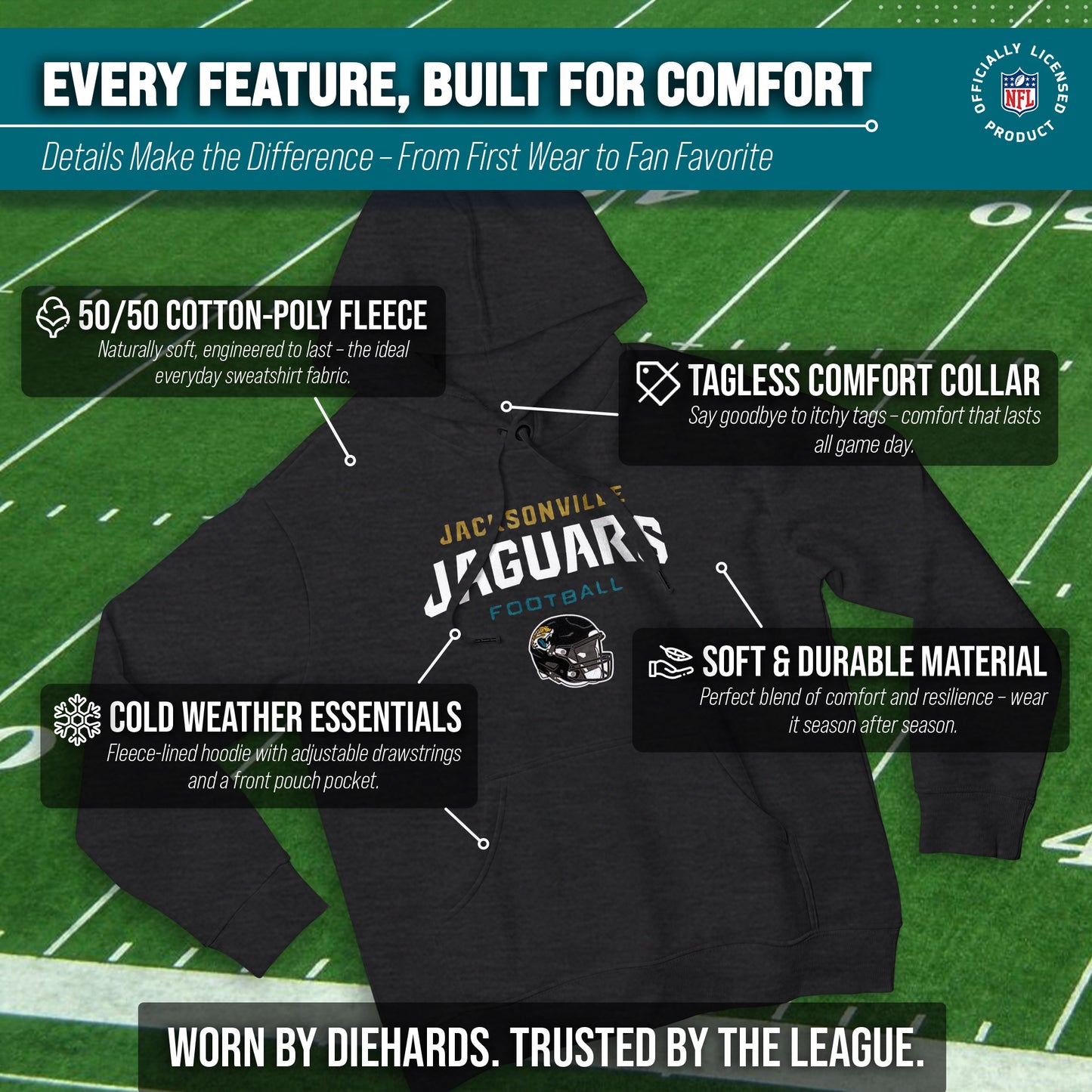 Jacksonville Jaguars Adult NFL Football Helmet Heather Hooded Sweatshirt  - Charcoal