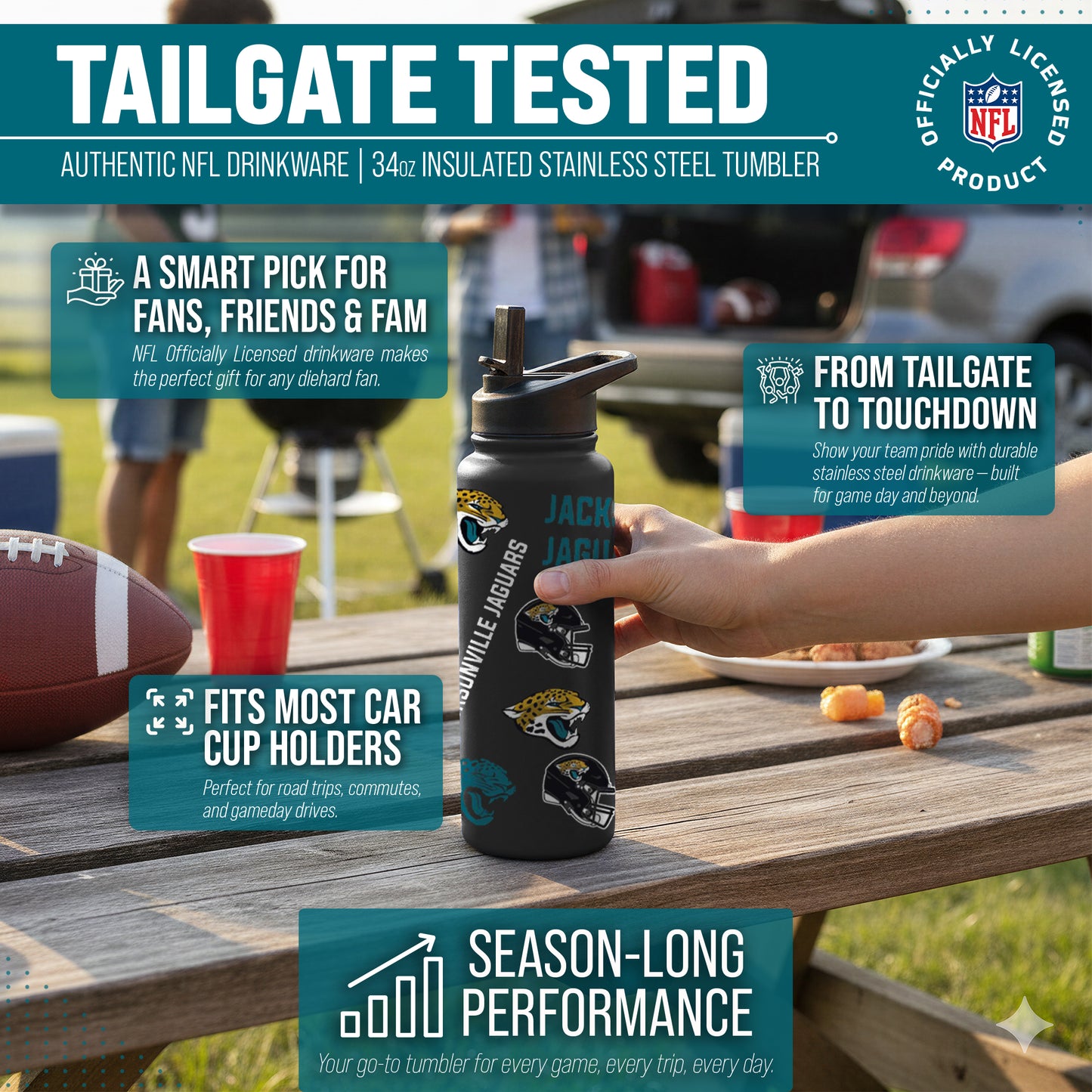 Jacksonville Jaguars NFL 34oz Quencher Stainless Steel Insulated Water Bottle - Black