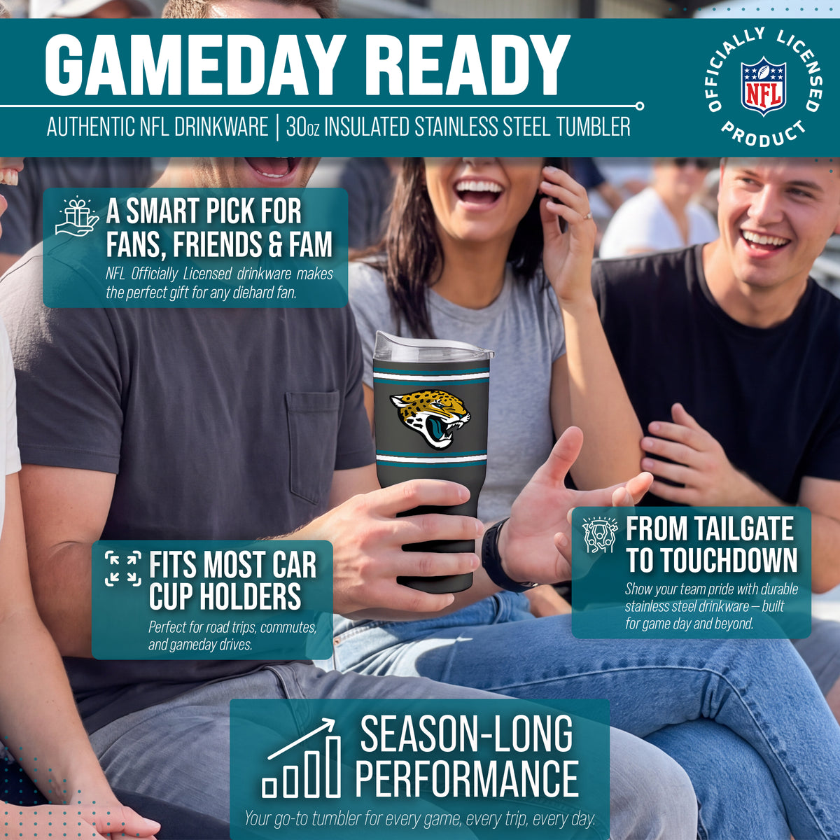 Jacksonville Jaguars  30 oz Stripe Powder Coat Tumbler | NFL Stainless - Black