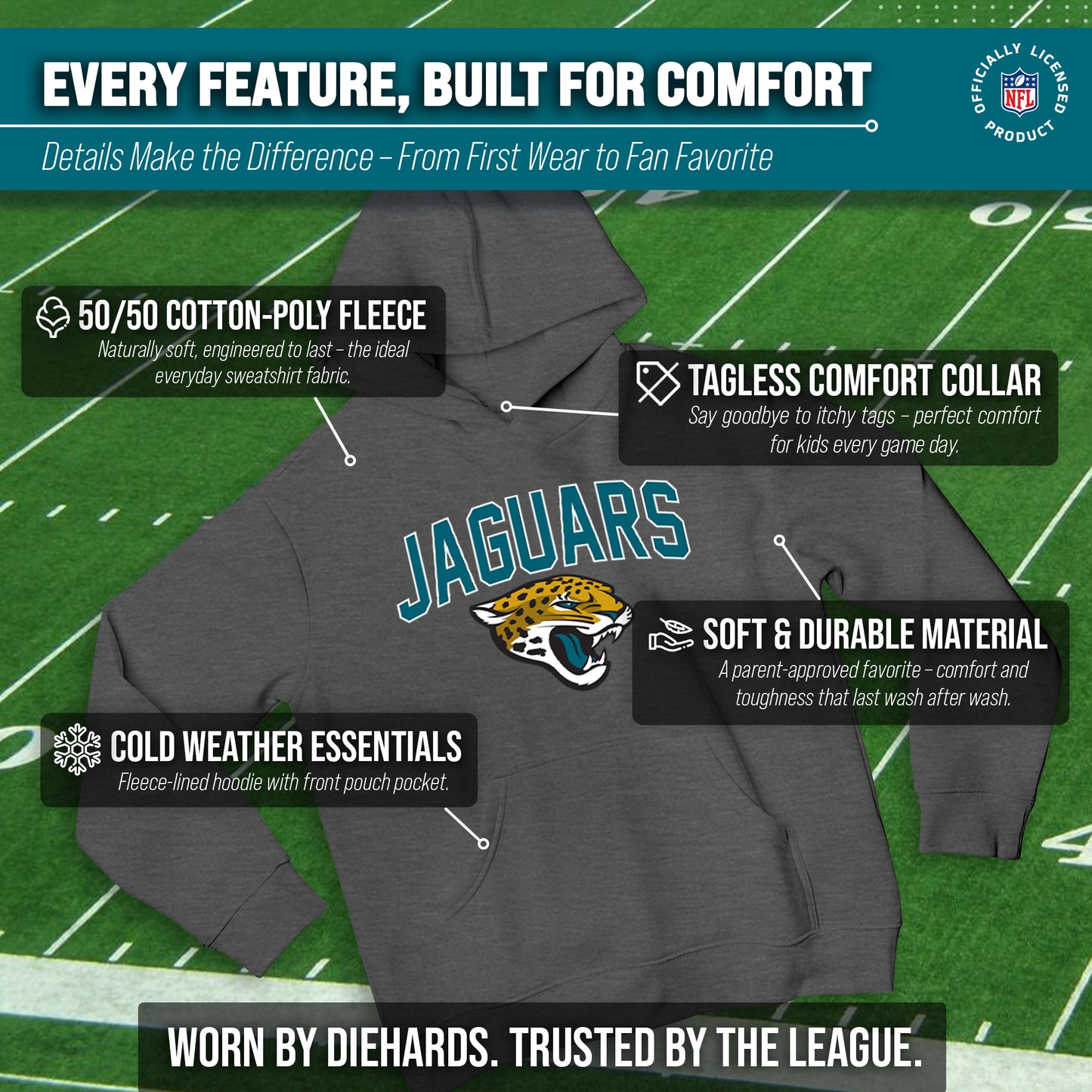 Jacksonville Jaguars NFL Youth Home Team Hoodie- Kids Hooded Sweatshirt - Sport Gray