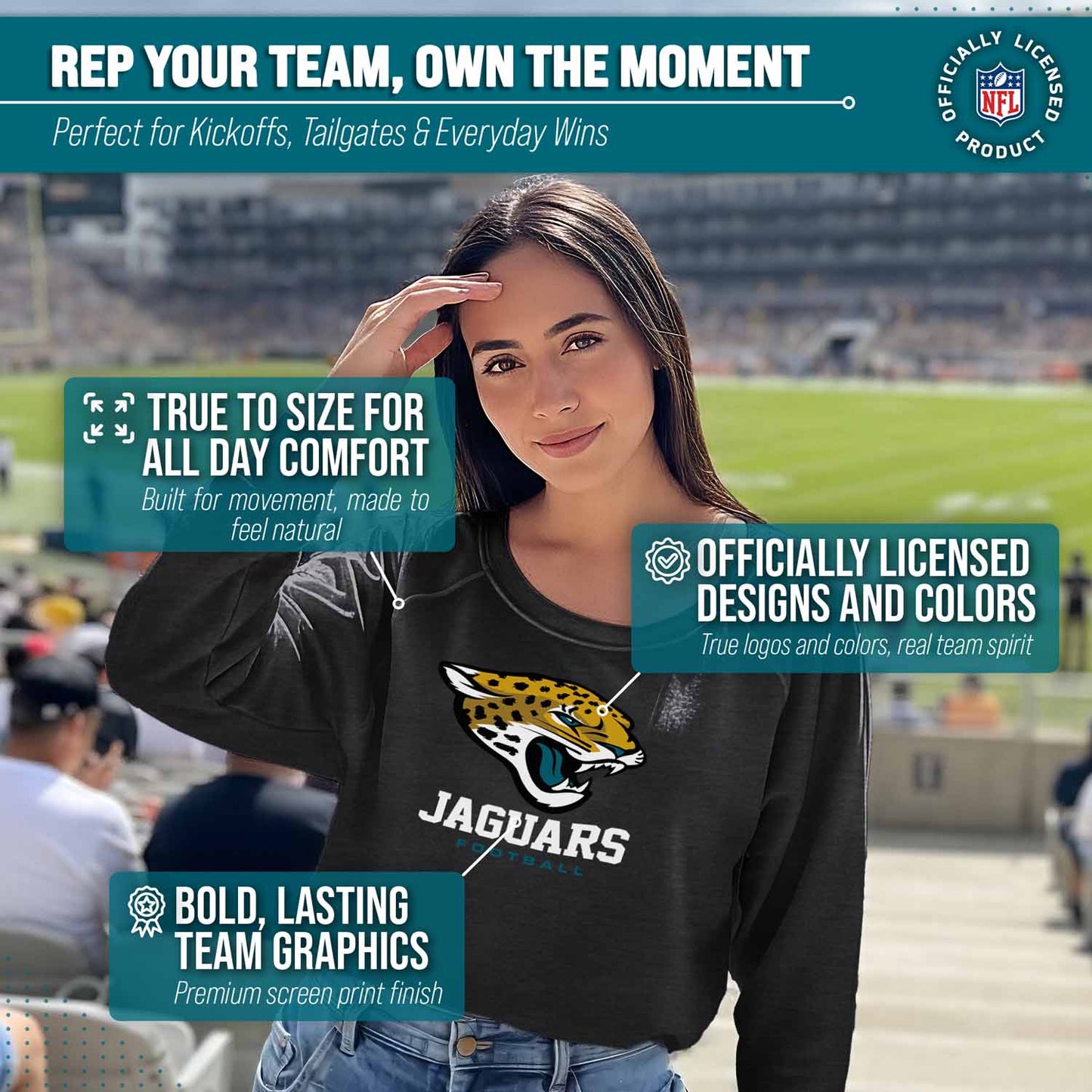 Jacksonville Jaguars NFL Womens Ultimate Fan French Terry Slouchy Top- Raglan Sleeves - Charcoal