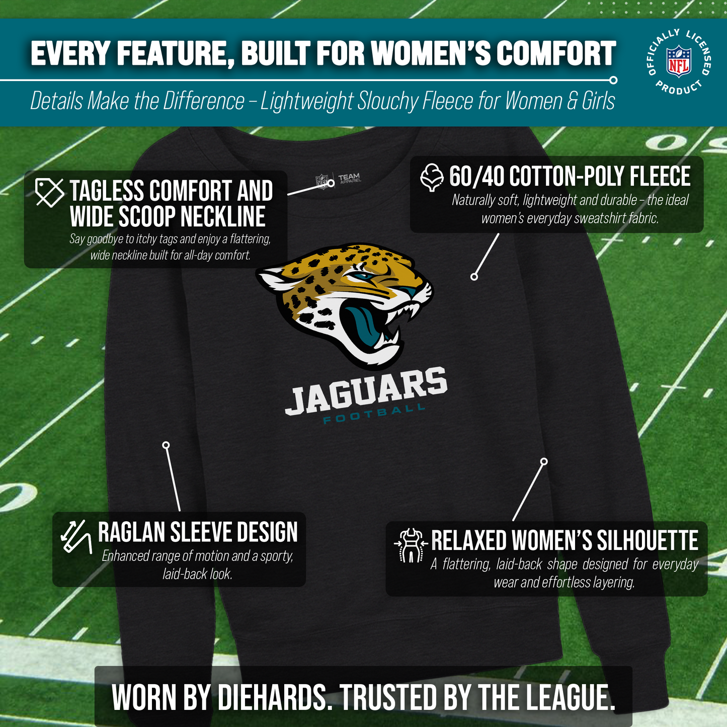 Jacksonville Jaguars NFL Womens Ultimate Fan French Terry Slouchy Top- Raglan Sleeves - Charcoal