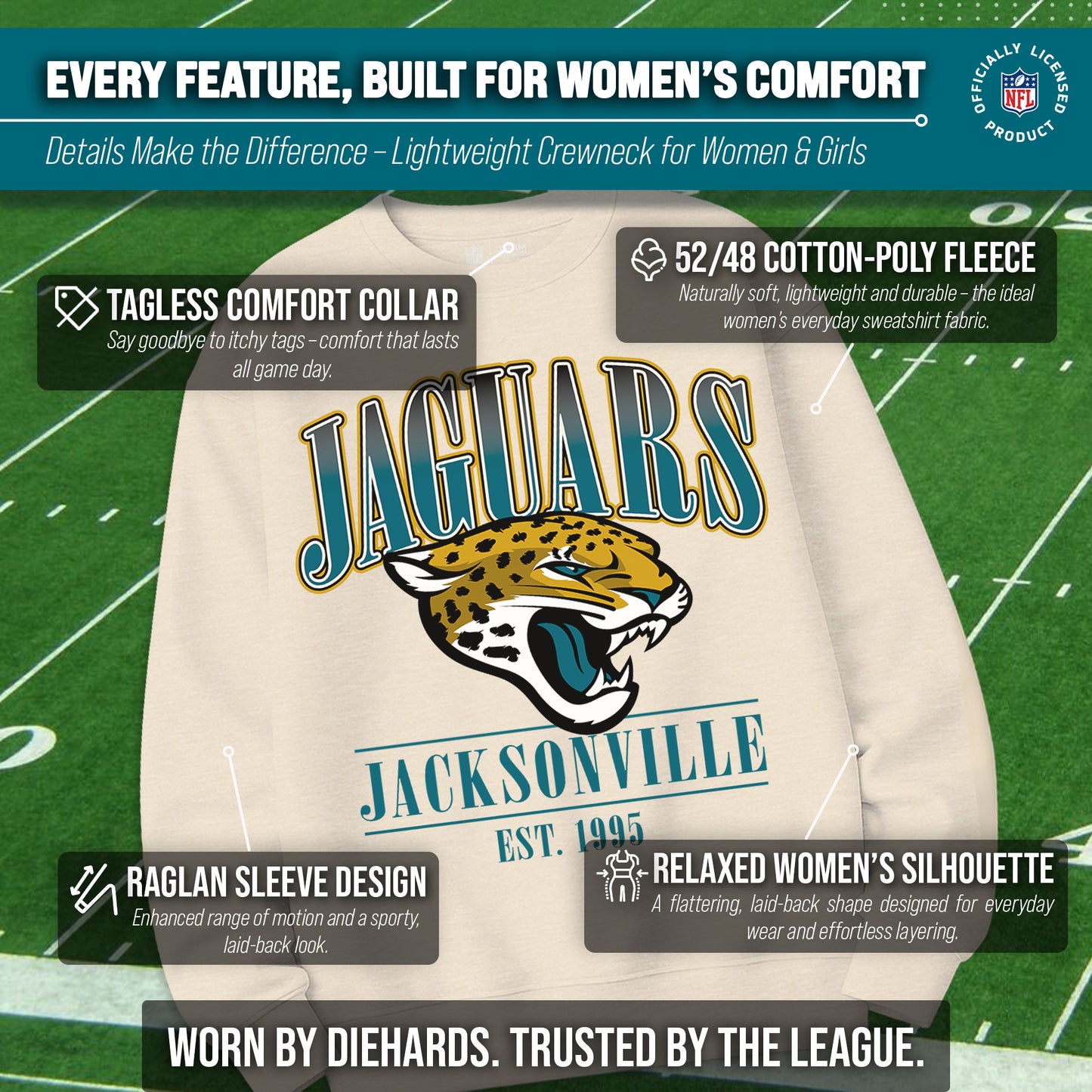 Jacksonville Jaguars Womens NFL Starstruck Crewneck Pullover - Cream