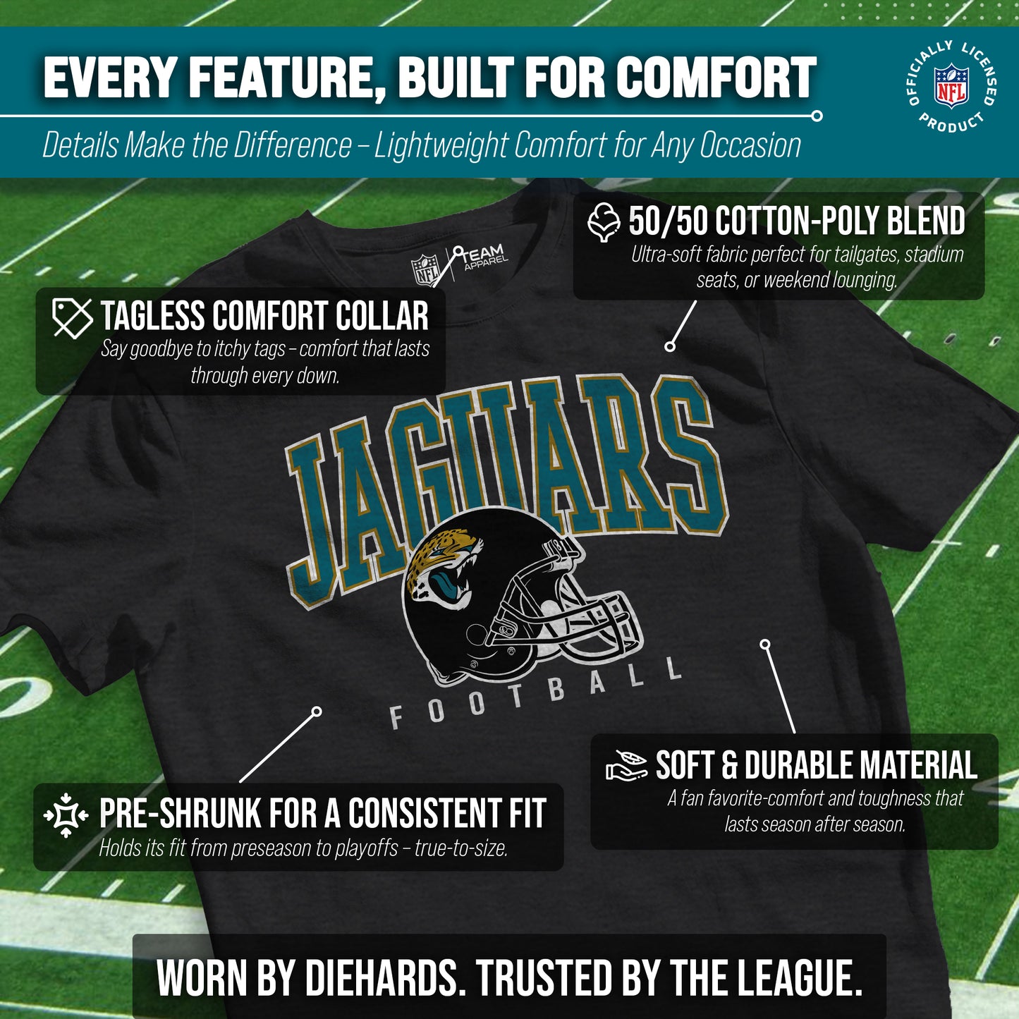 Jacksonville Jaguars NFL Adult All Star Heather Tag-Less T-Shirt - Black Heather