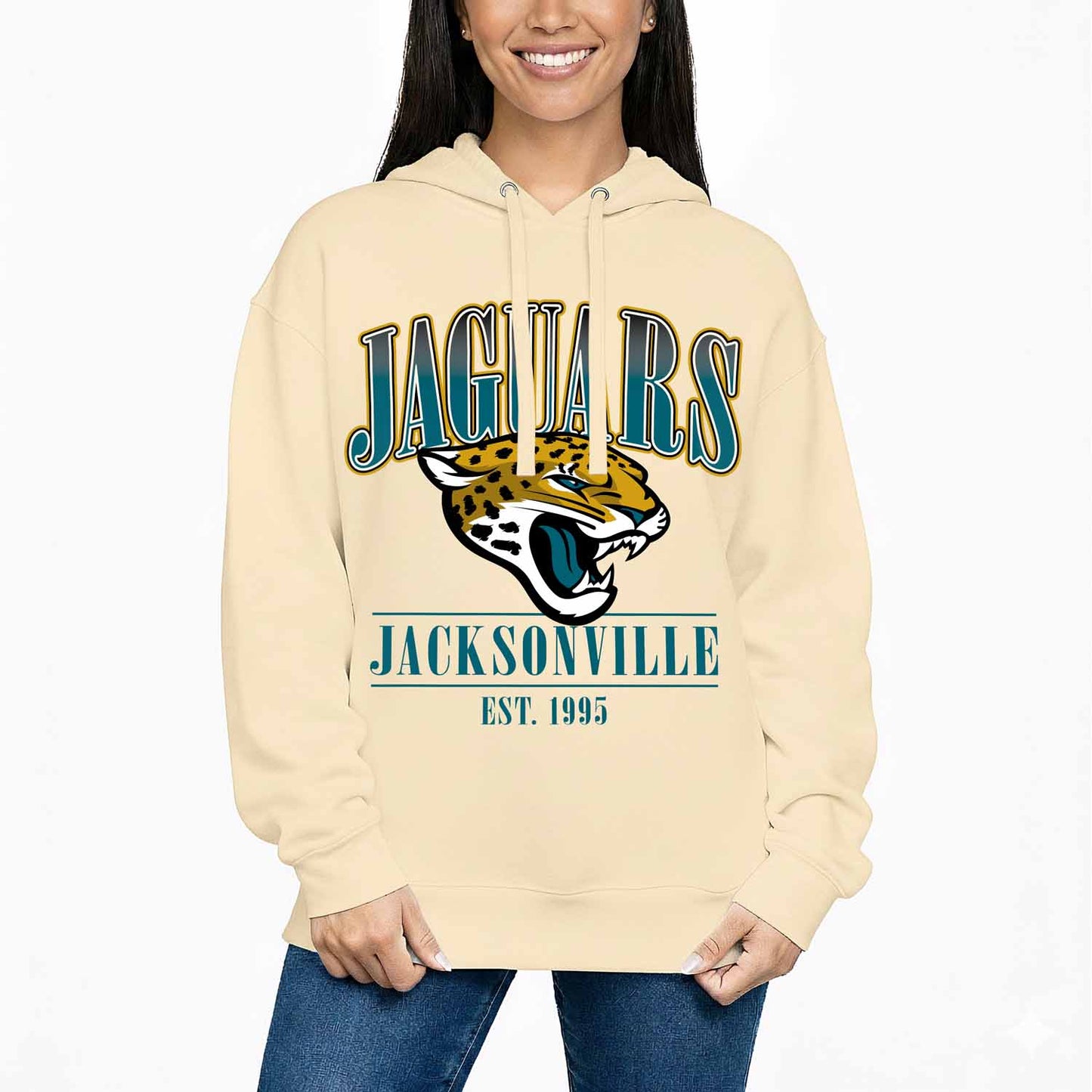 Jacksonville Jaguars Team Fan Apparel NFL Women's  Starstruck Fleece Pullover Hoodie - Cream