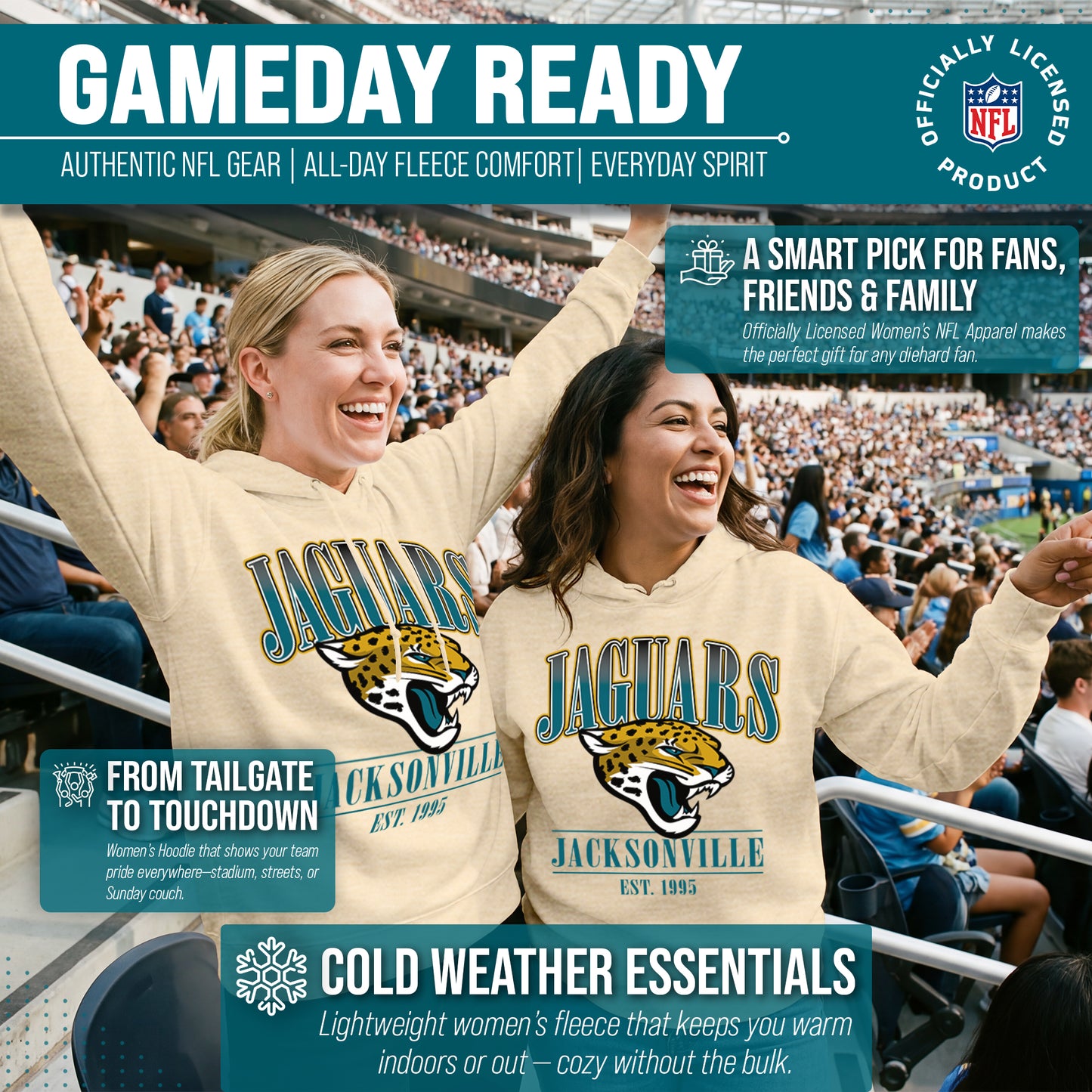 Jacksonville Jaguars Team Fan Apparel NFL Women's  Starstruck Fleece Pullover Hoodie - Cream