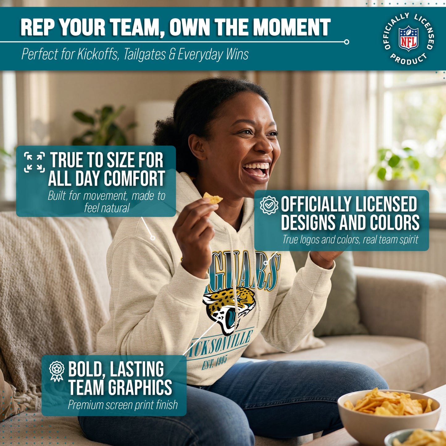 Jacksonville Jaguars Team Fan Apparel NFL Women's  Starstruck Fleece Pullover Hoodie - Cream