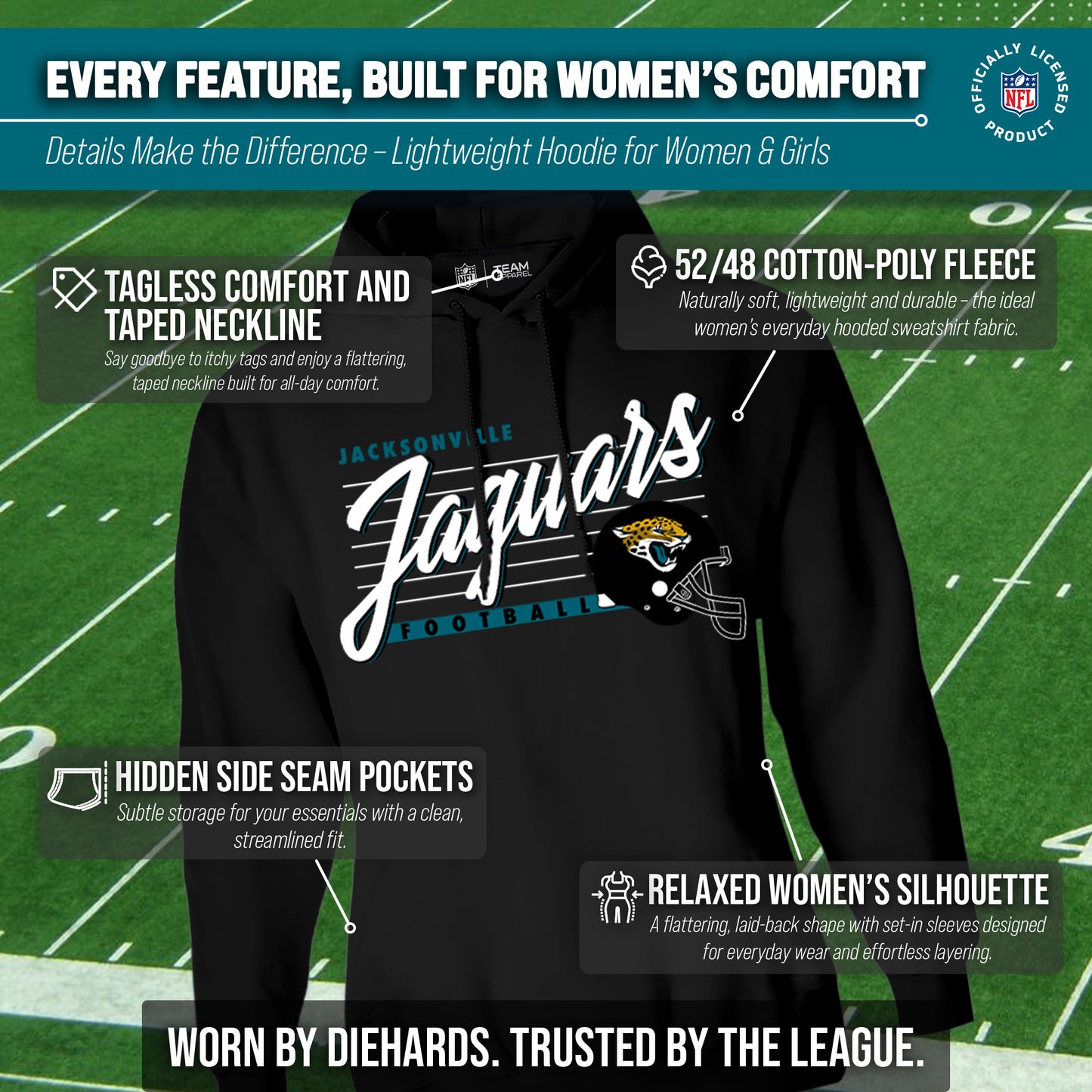 Jacksonville Jaguars Ladies NFL Scrimmage Line Fleece Pullover Hooded Sweatshirt - Black