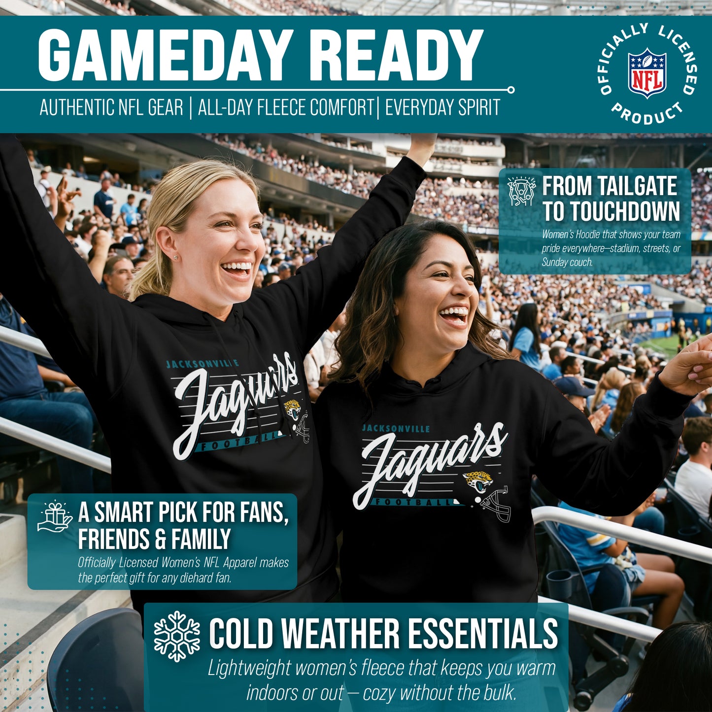 Jacksonville Jaguars Ladies NFL Scrimmage Line Fleece Pullover Hooded Sweatshirt - Black