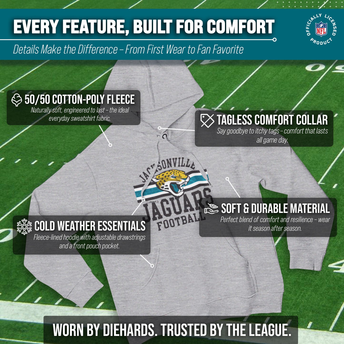 Jacksonville Jaguars NFL Team Stripe Hooded Sweatshirt- Soft Pullover Sports Hoodie For Men & Women - Sport Gray