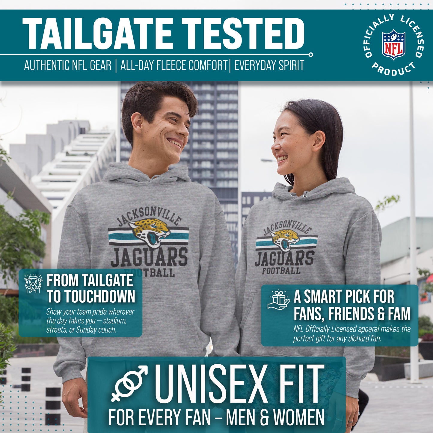 Jacksonville Jaguars NFL Team Stripe Hooded Sweatshirt- Soft Pullover Sports Hoodie For Men & Women - Sport Gray