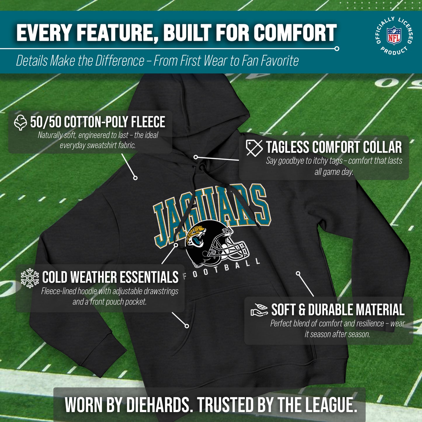 Jacksonville Jaguars NFL Adult Unisex All Star Soft Fleece Hooded Sweatshirt - Black Heather