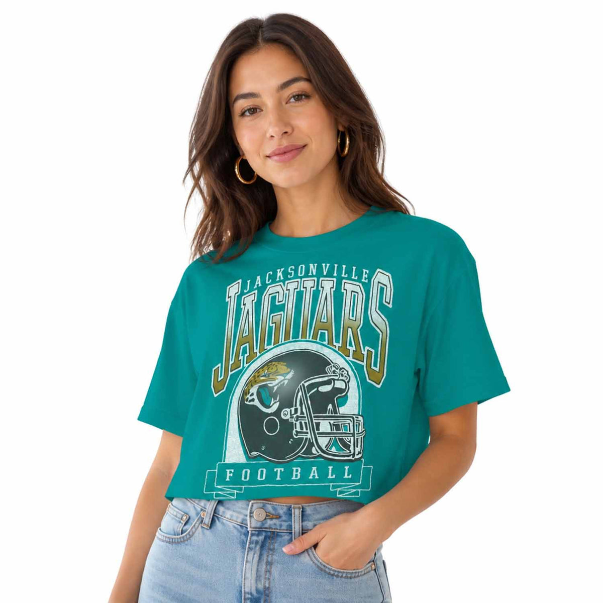Jacksonville Jaguars Junk Food NFL Women's Franchise Helmet Crop T-Shirt - Teal