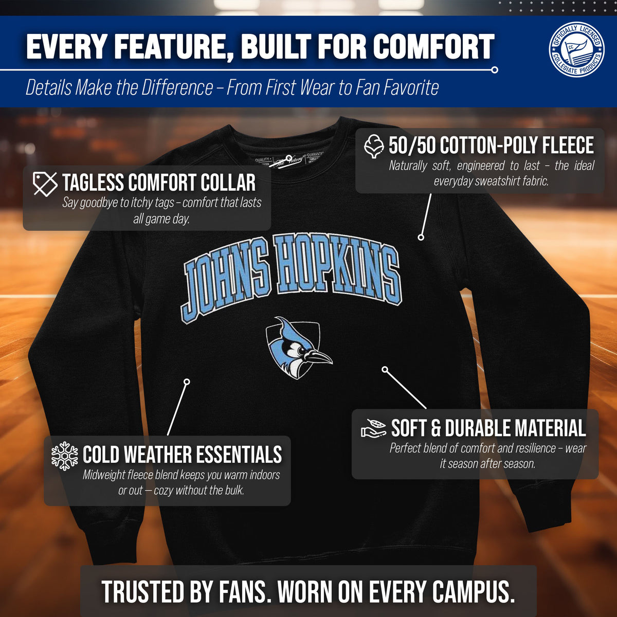 Johns Hopkins Blue Jays Adult Arch & Logo Soft Style Gameday Crewneck Sweatshirt - Black