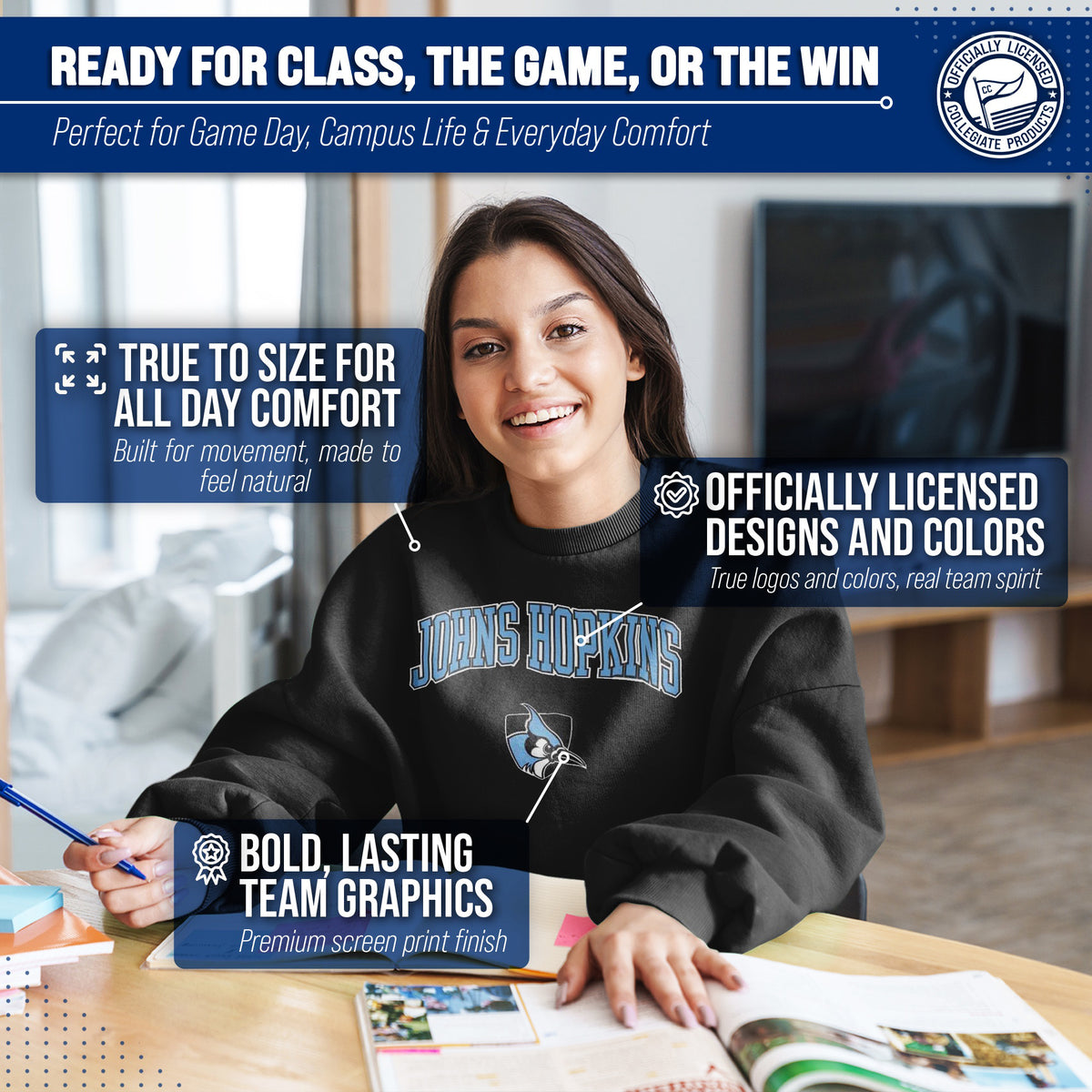 Johns Hopkins Blue Jays Adult Arch & Logo Soft Style Gameday Crewneck Sweatshirt - Black