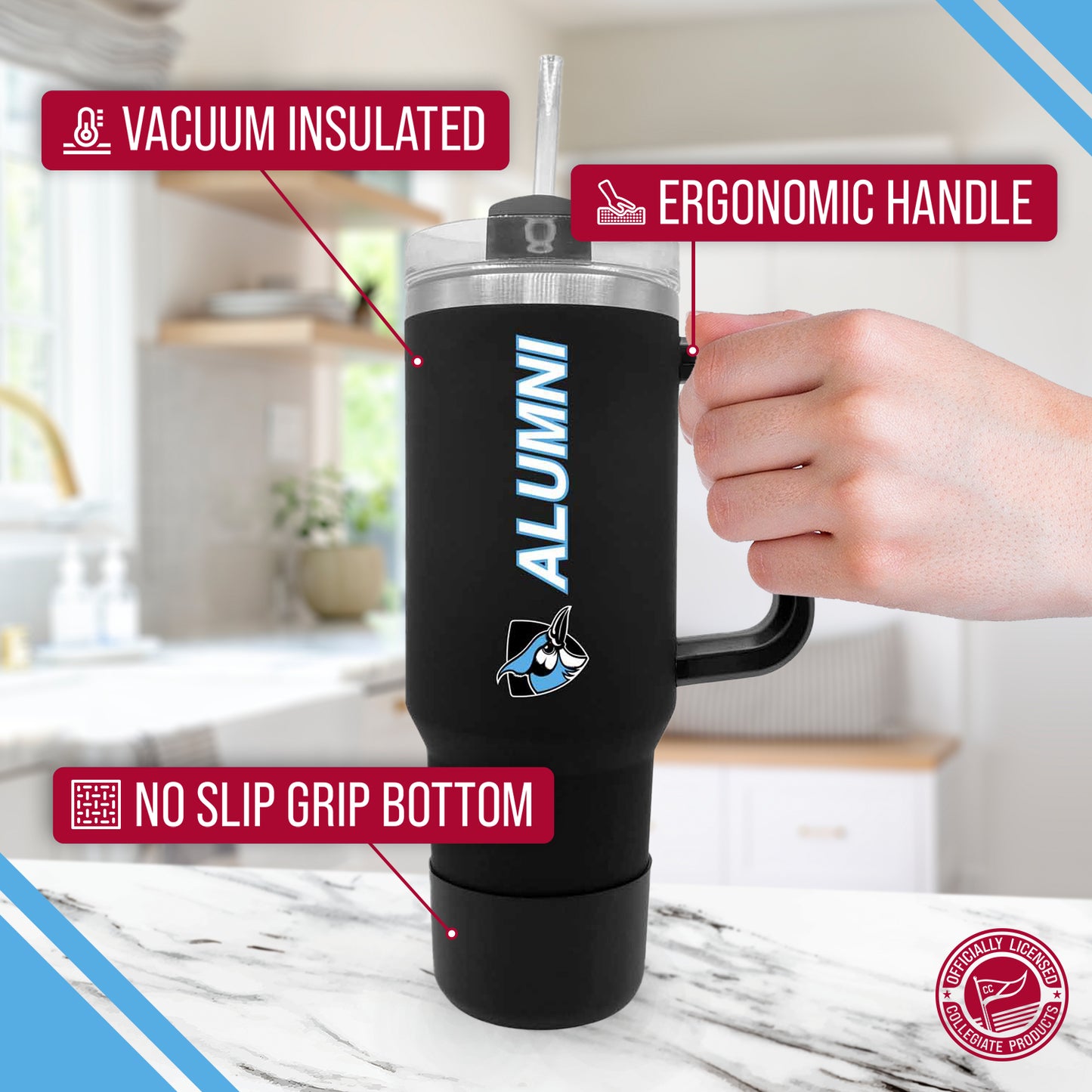 Johns Hopkins Blue Jays Collegiate 40oz Stainless Steel Travel Tumbler with Handle for Alumni - Black